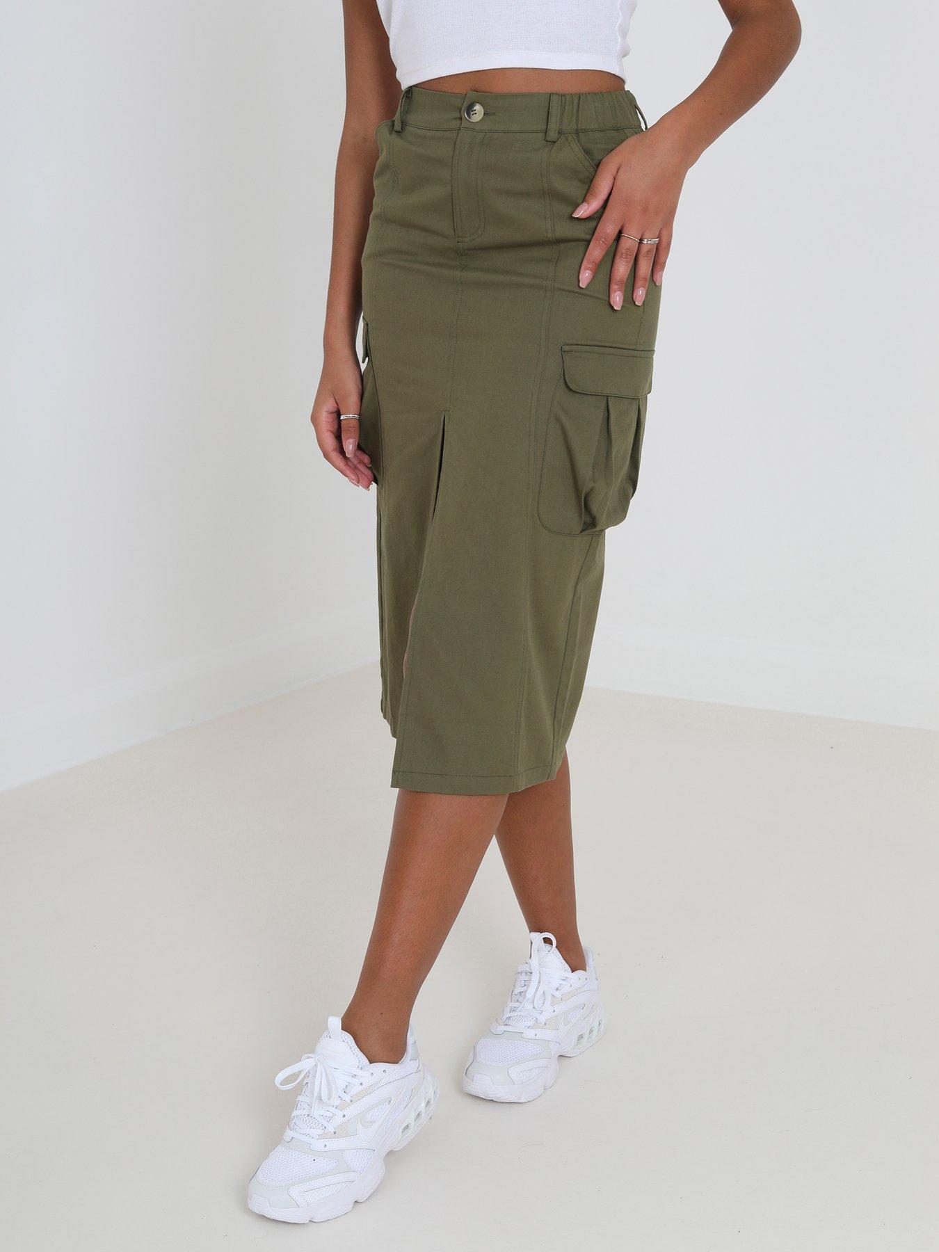 Khaki cargo outlet skirt midi