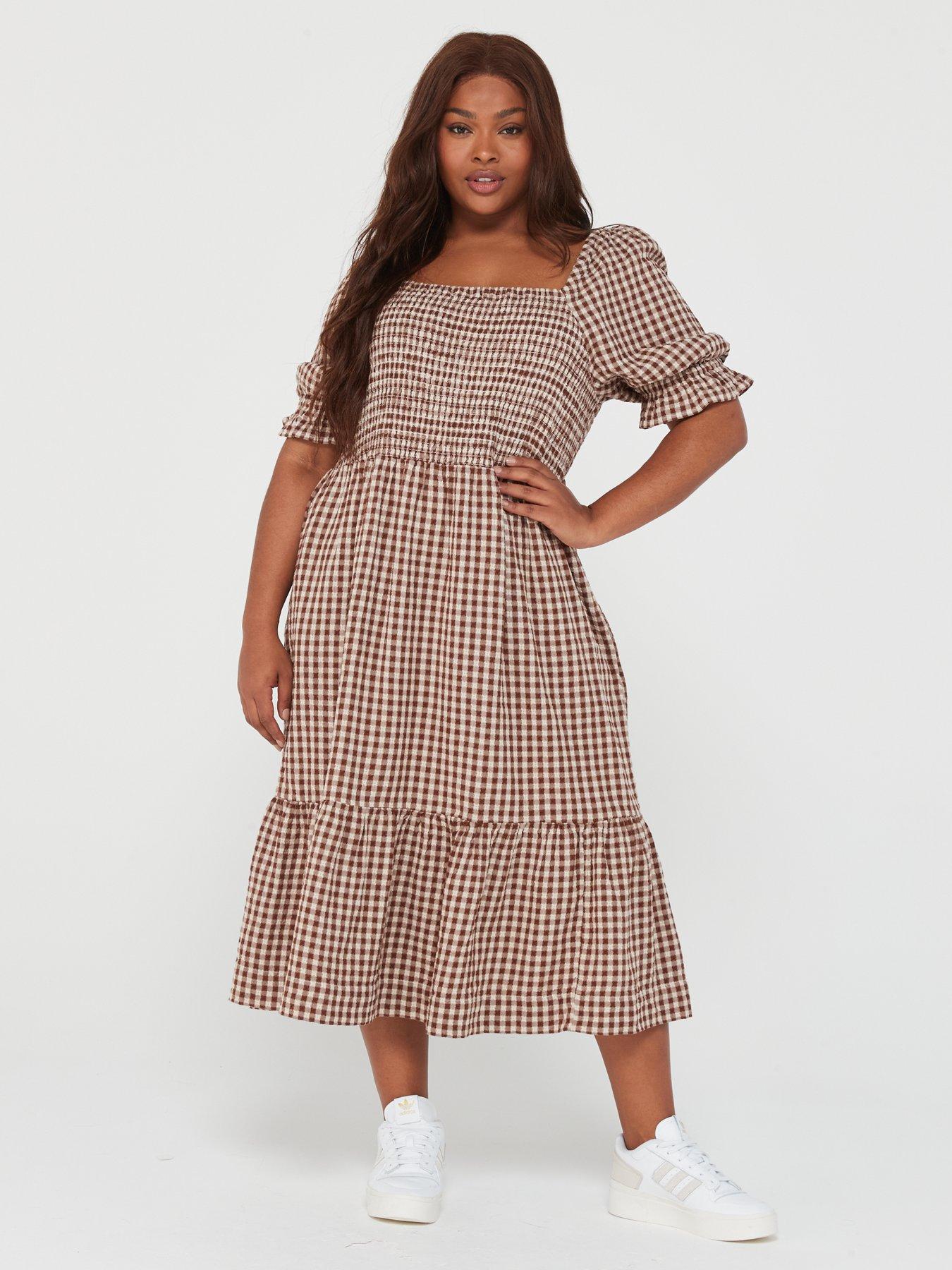 V by Very Curve Square Neck Gingham Short Sleeve Midi Dress