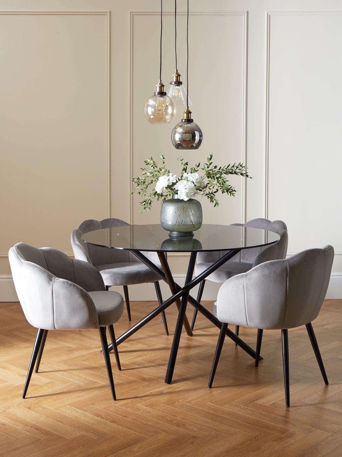 Very Home Angel Glass Top 120 cm Dining Table with 4 Angel Velvet Chairs - Black/Grey