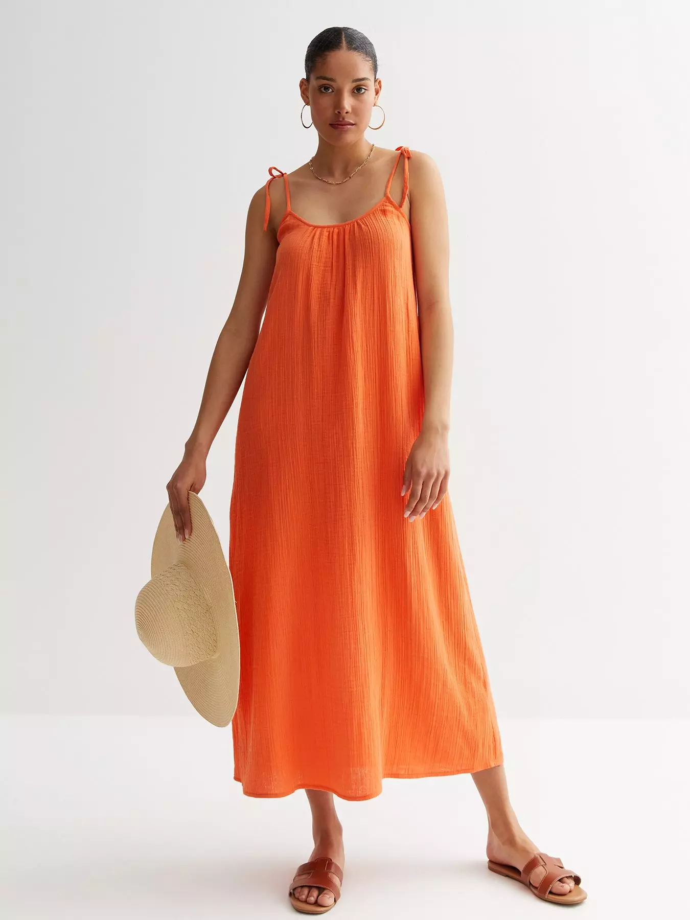 Bright Orange Cheesecloth Strappy Tiered Cami Dress