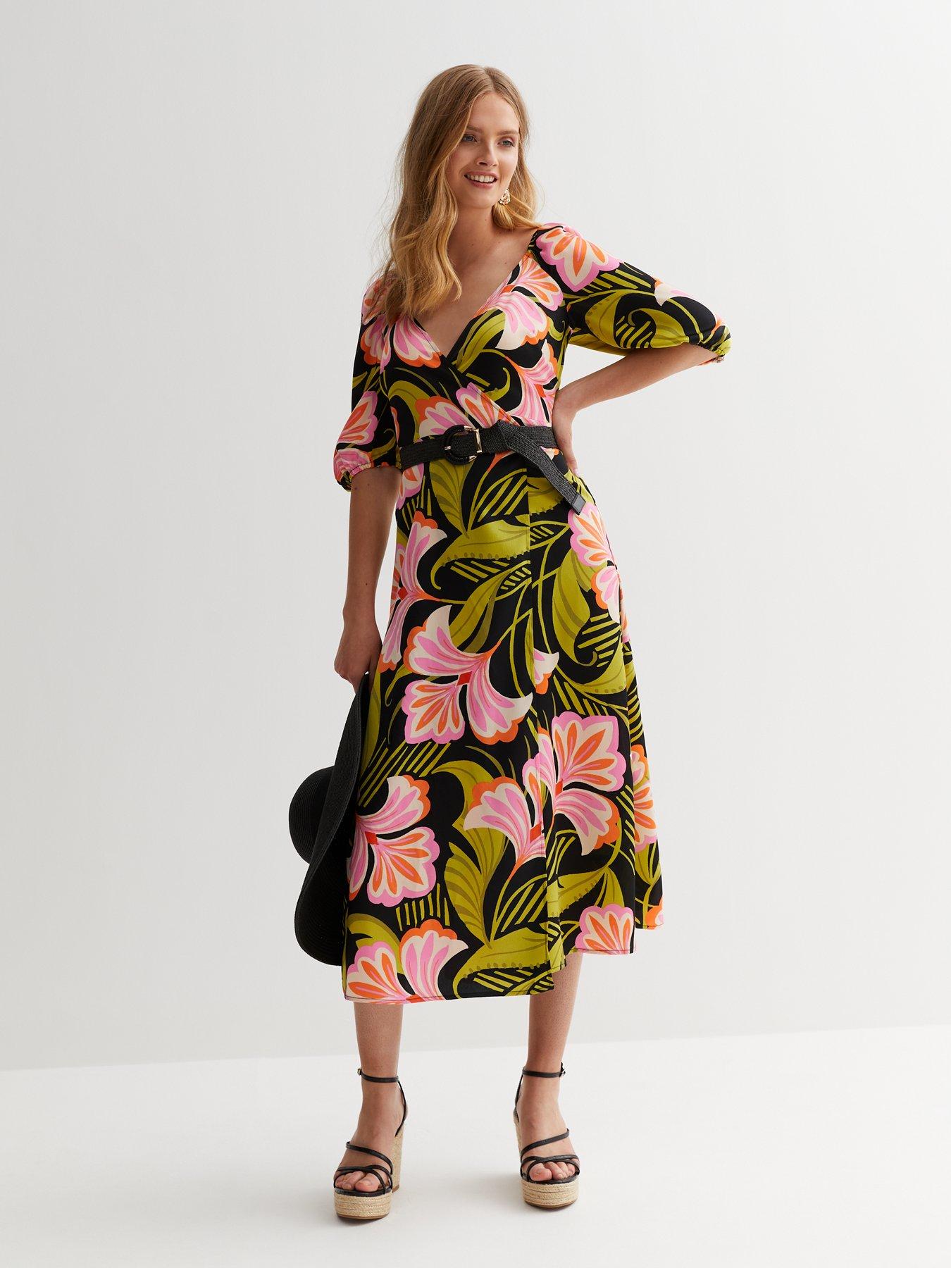 New Look Black Tropical Floral Satin Puff Sleeve Wrap Midi Dress | Very  Ireland