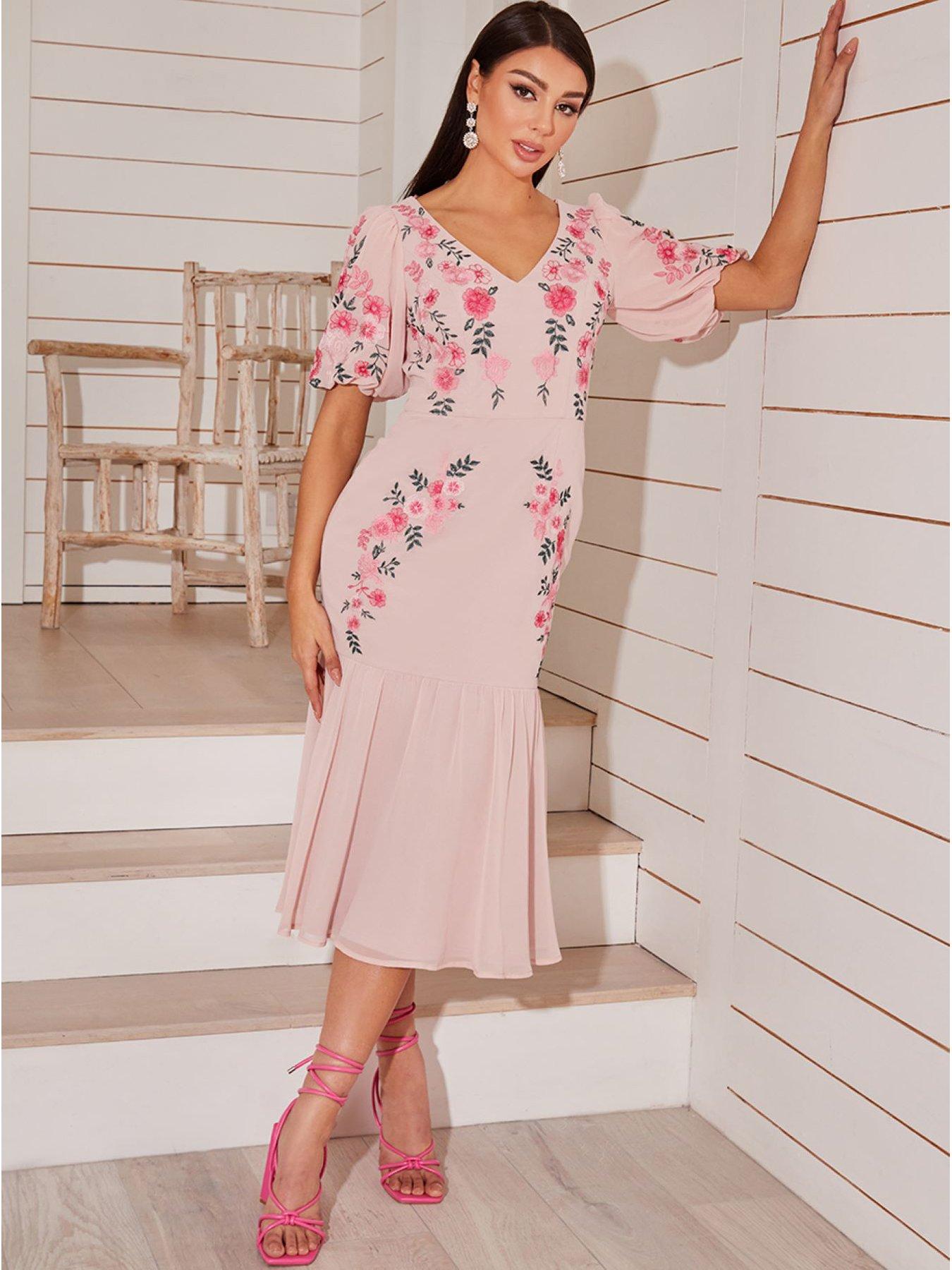 Pink embroidered midi dress hotsell