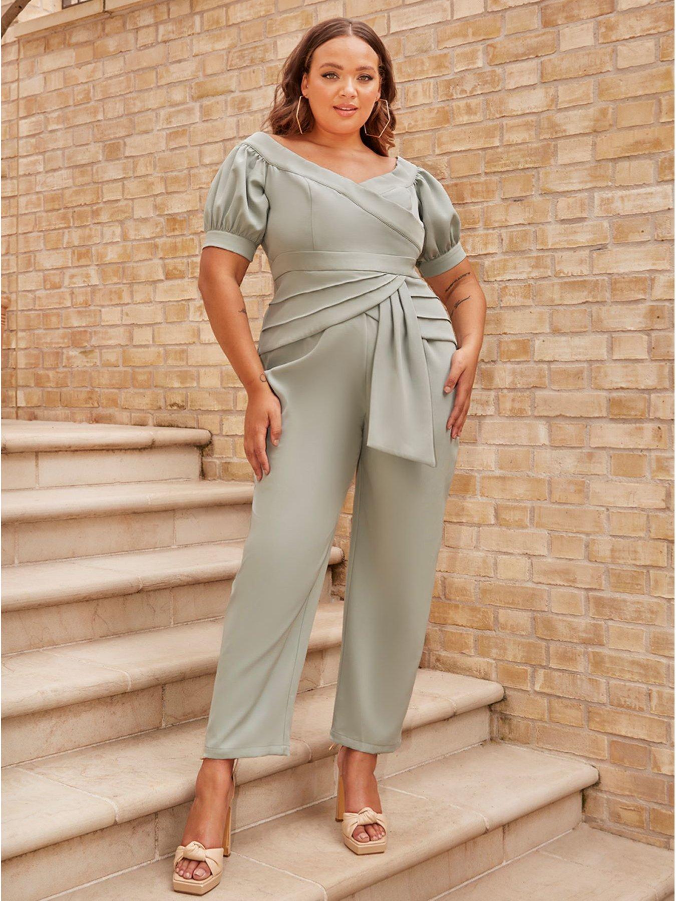 Puff Sleeve Bardot Jumpsuit In Green