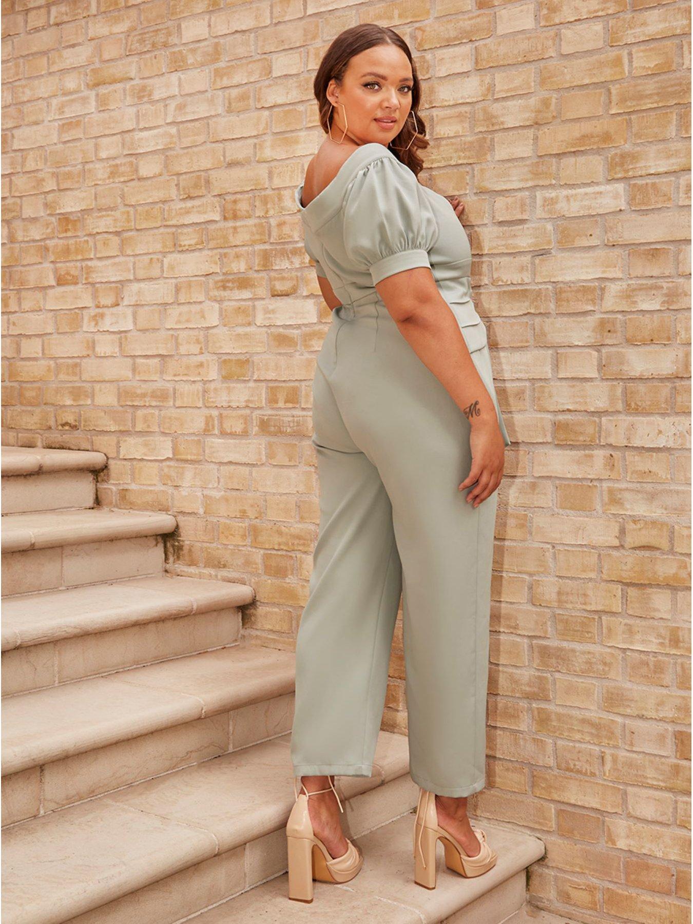 chi-chi-london-curve-puff-sleeve-bardot-jumpsuit-in-greenstillFront