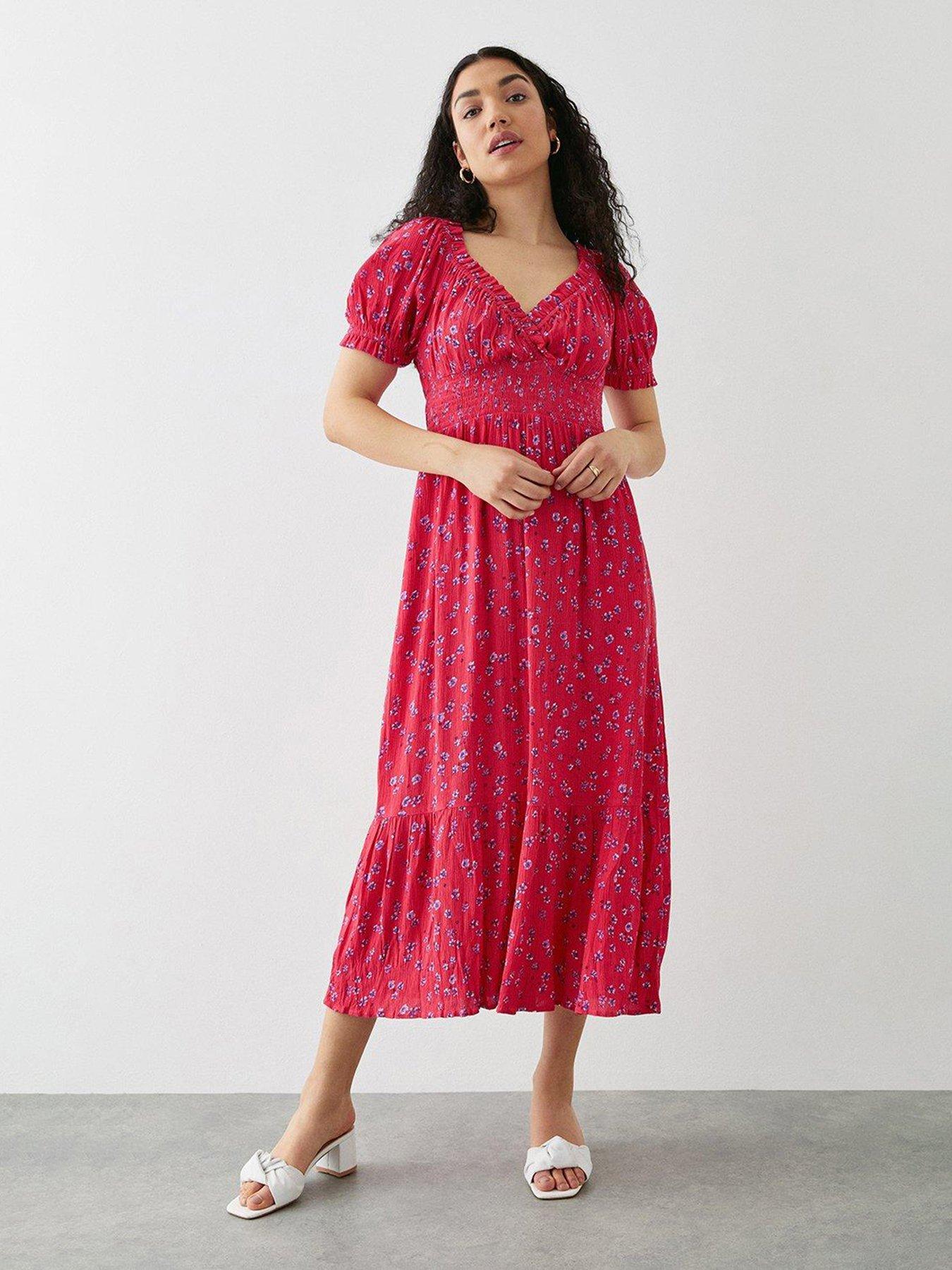Dorothy Perkins Floral Shirred Midi Dress - Red | Very Ireland