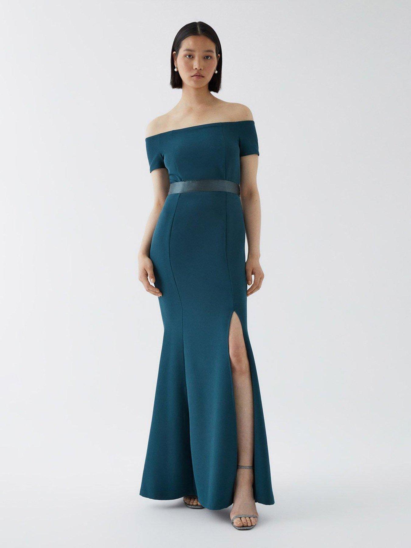 Bardot Sleeve Tailored Bridesmaid Dress Forest Green