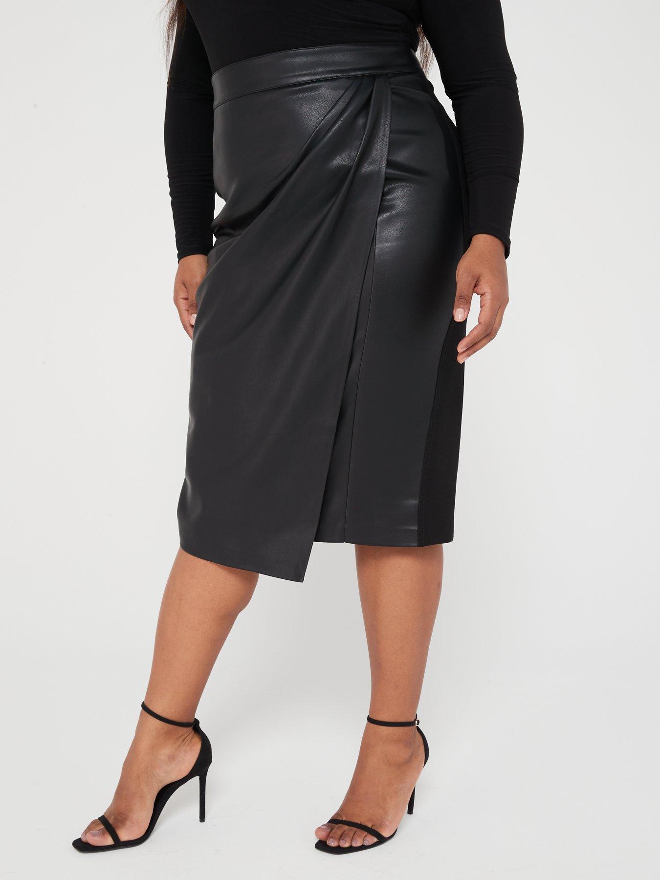 V by Very Curve Ponte Panelled Faux Leather Midi Skirt - Black