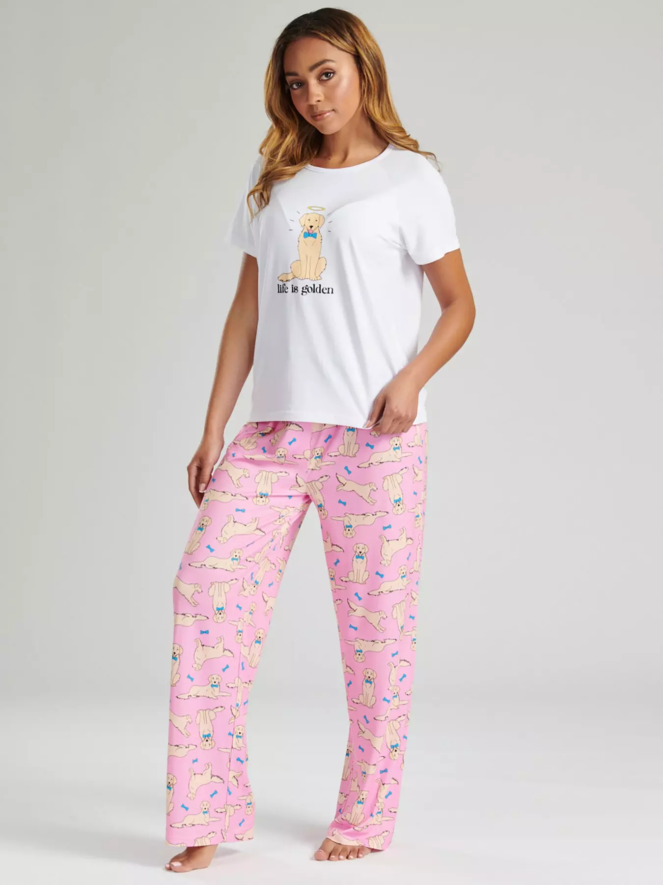 Loungeable Blue Trouser Pyjama Set with Barbie Print