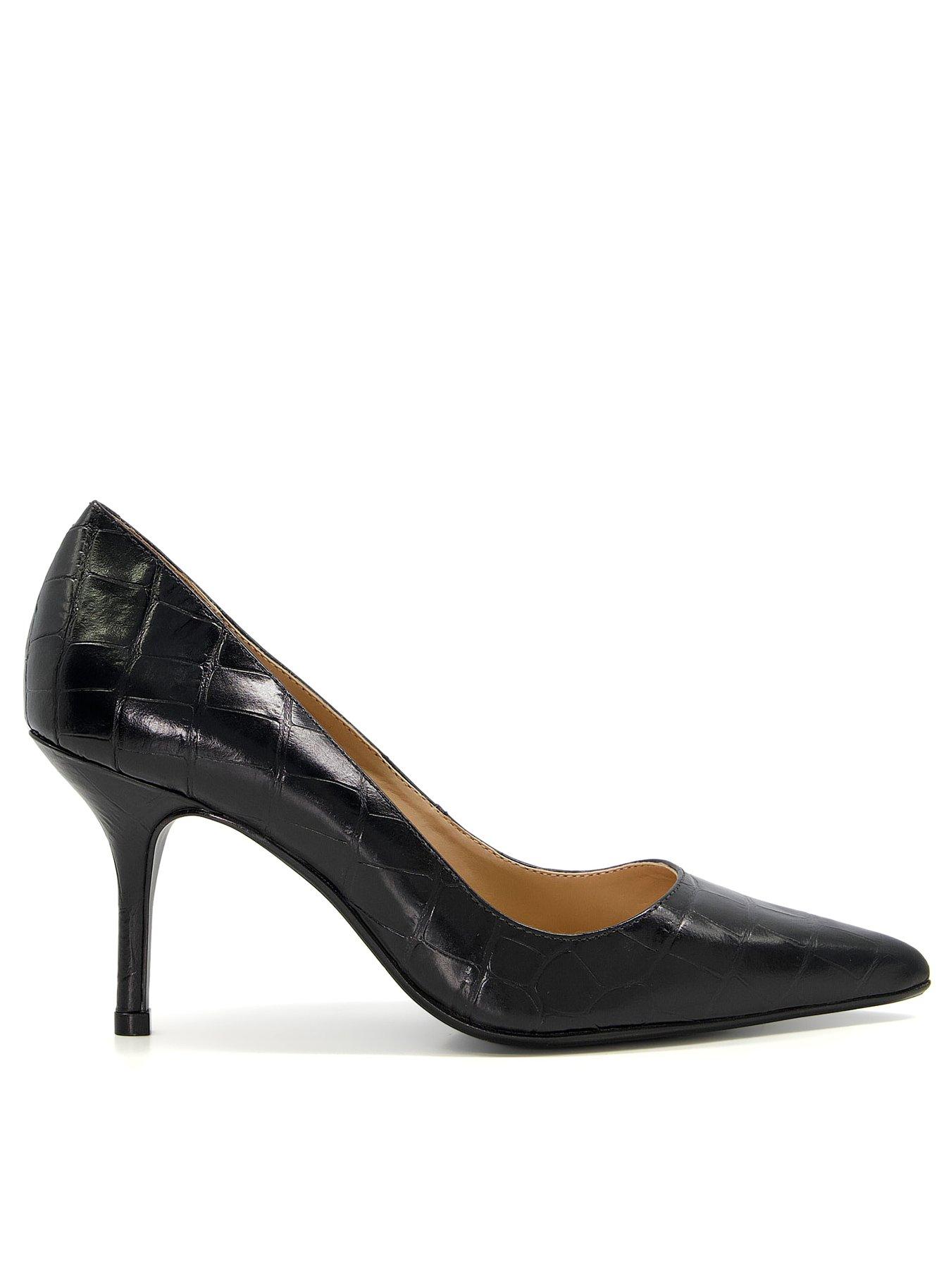 Dune Bold Leather Croc Effect Court Shoes Black