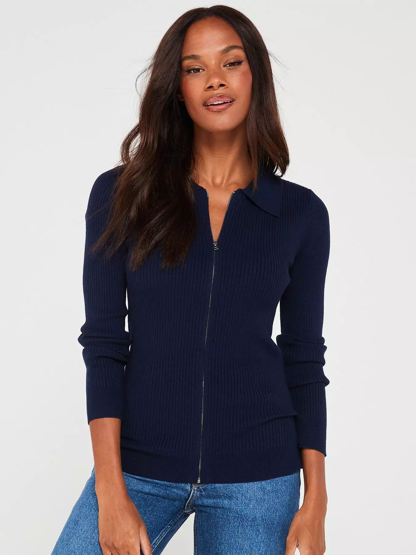 Rib-knit zip-through cardigan - Dark blue - Ladies