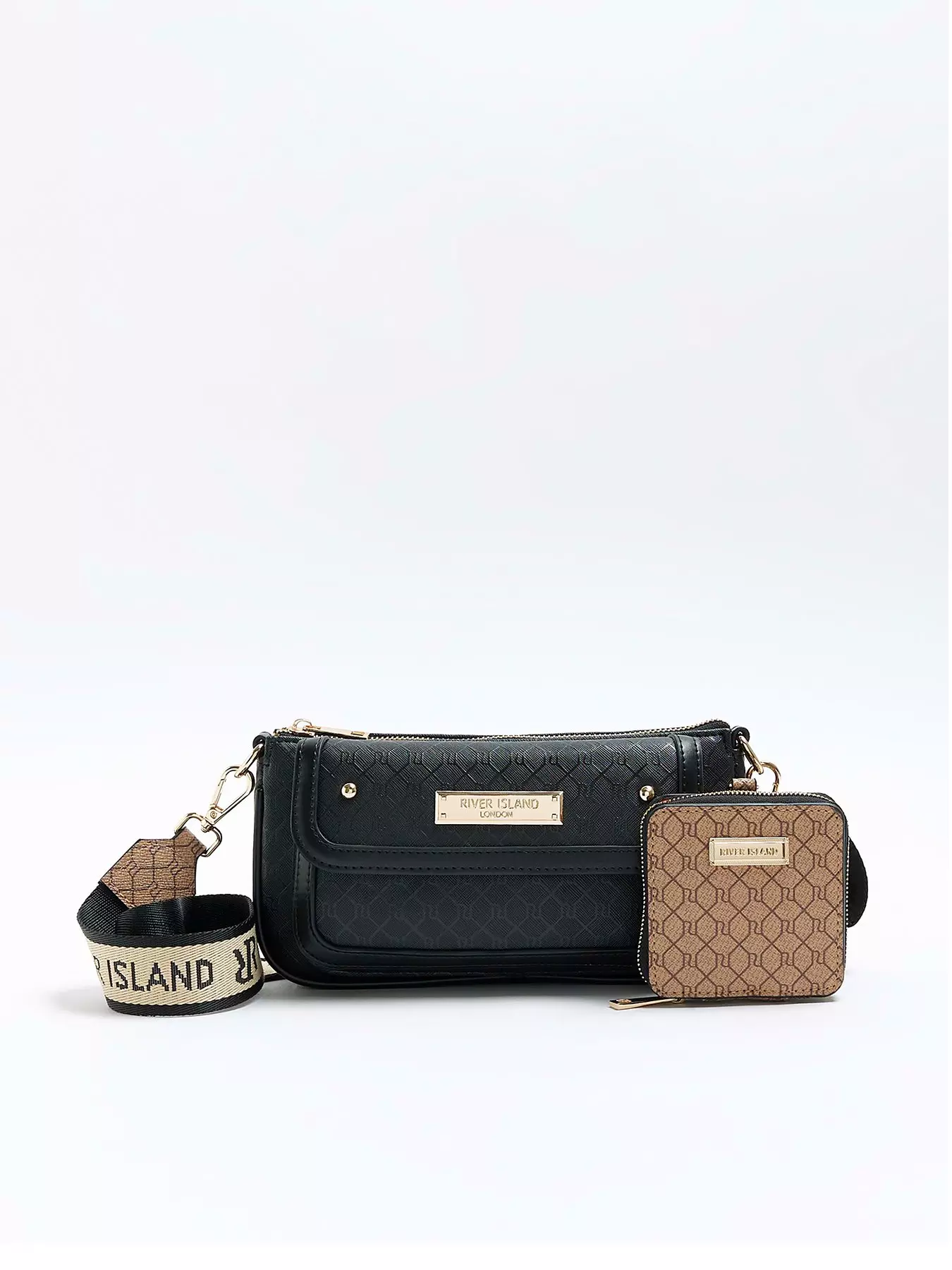 River Island Jacquard Monogram Pouchette Cross Body Bag in Black