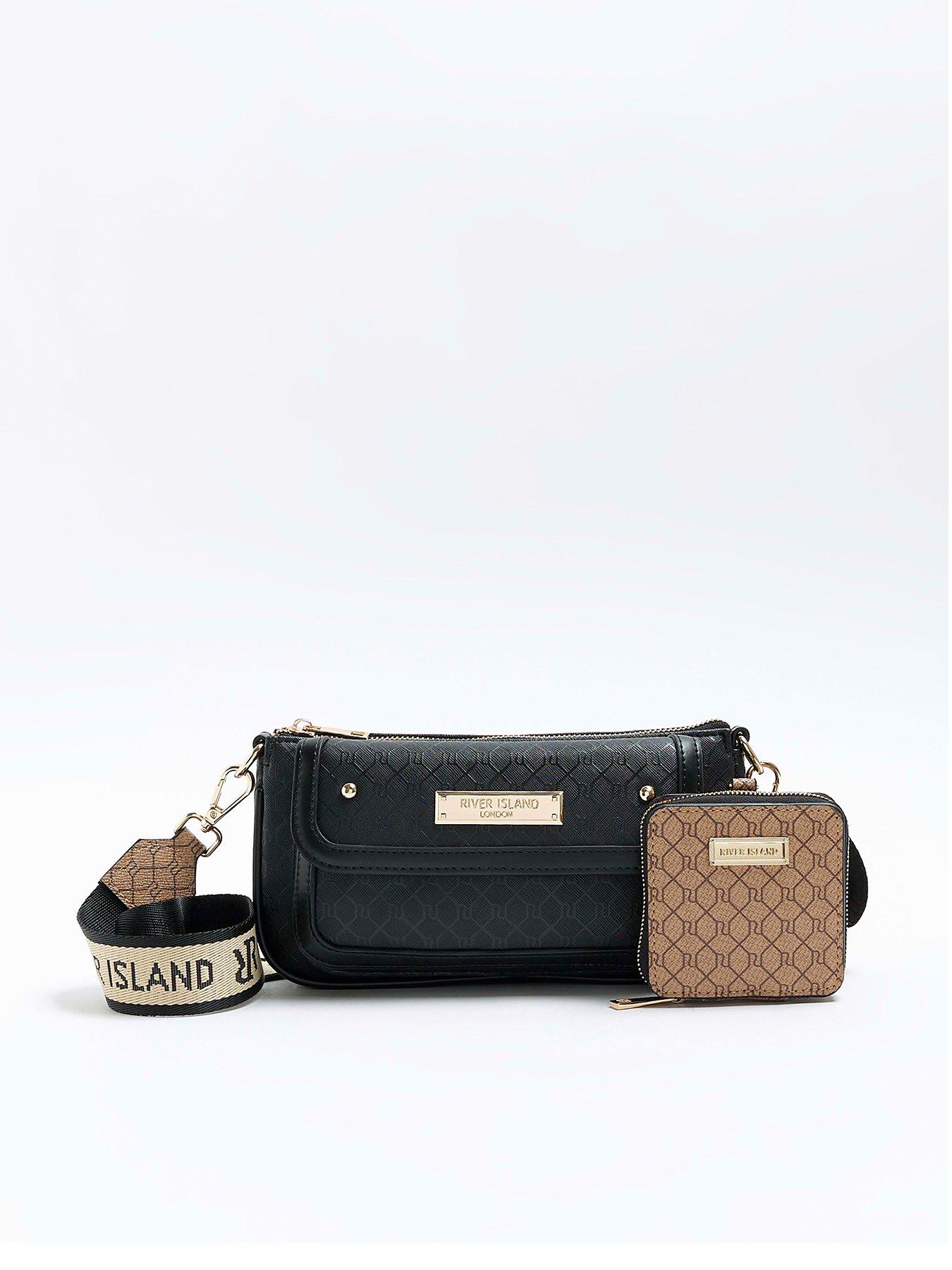 River Island cross body bag with monogram detail in black