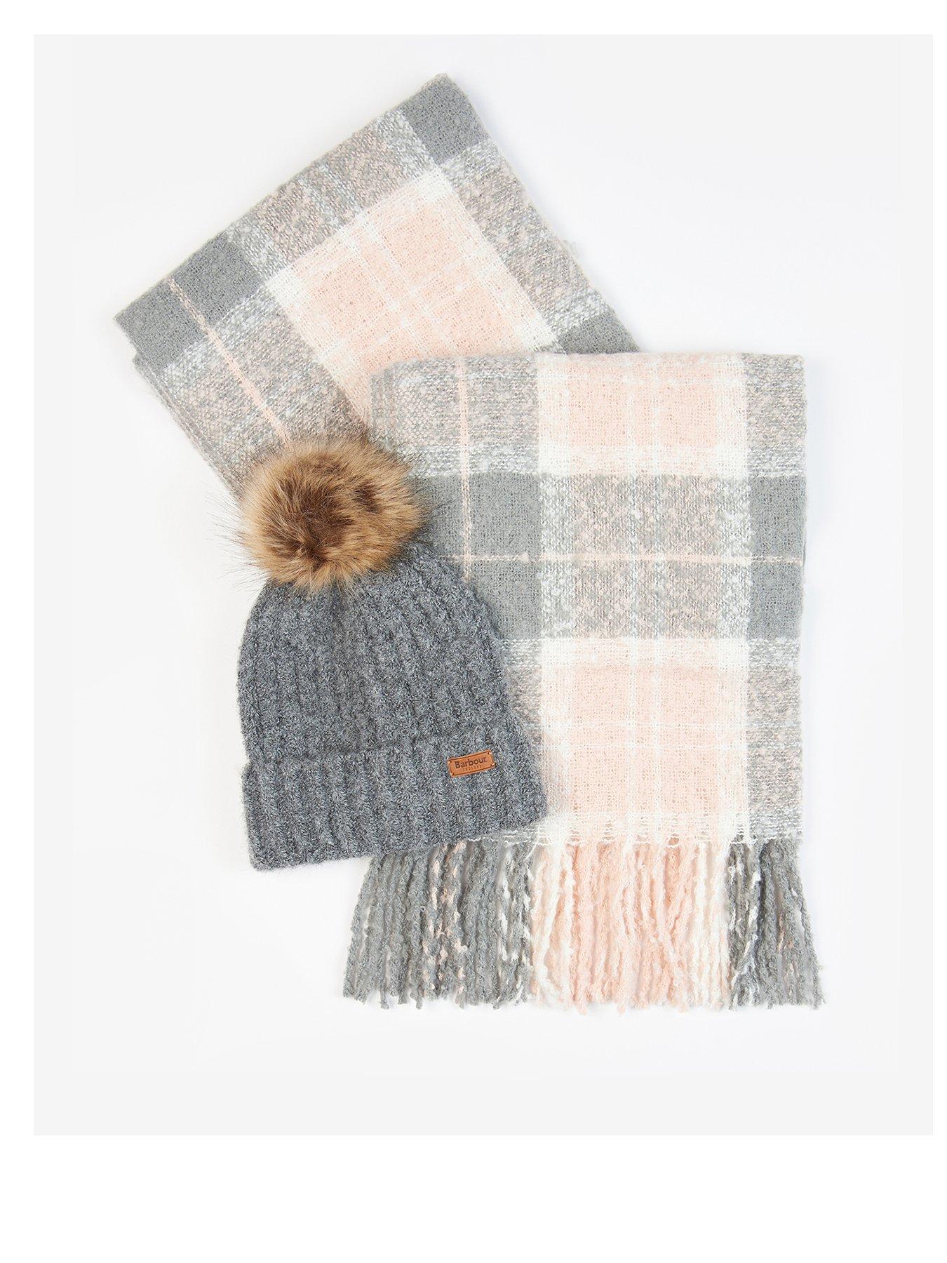 Barbour Saltburn Beanie  &  Tartan Scarf Set - Grey Rose
