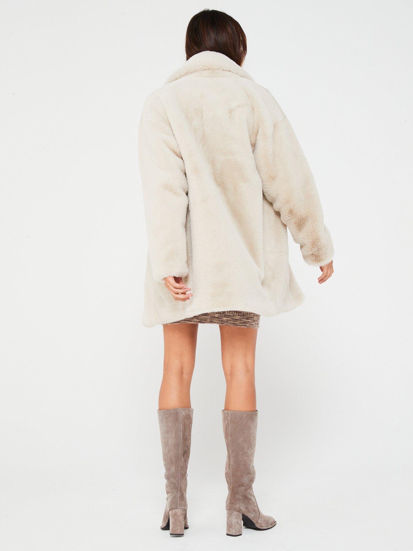 Topshop Tall Oversized Faux Fur Coat In Chocolate-White