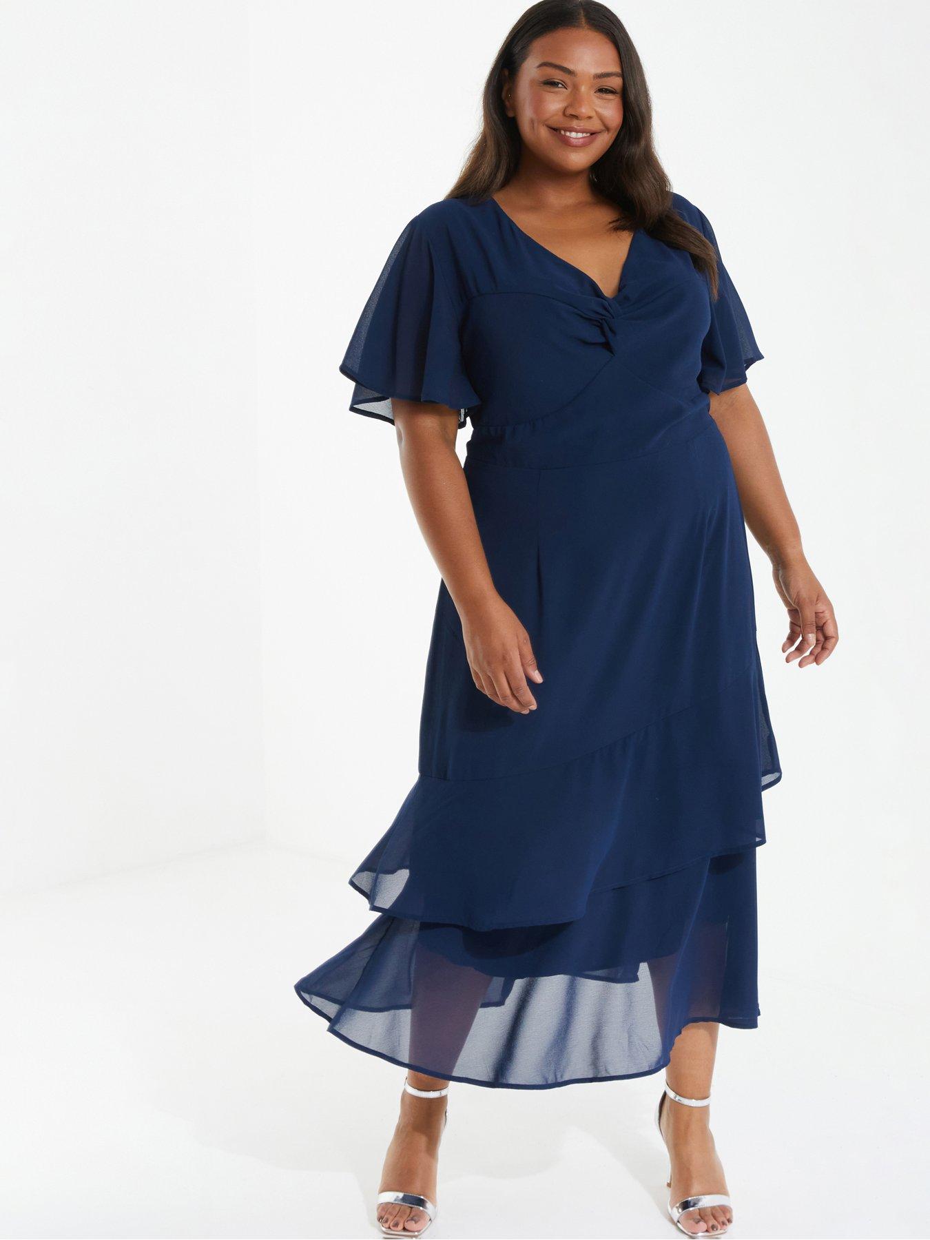 Quiz Curve Short Sleeve Midi Dress With Frill Hem Blue Very Ireland