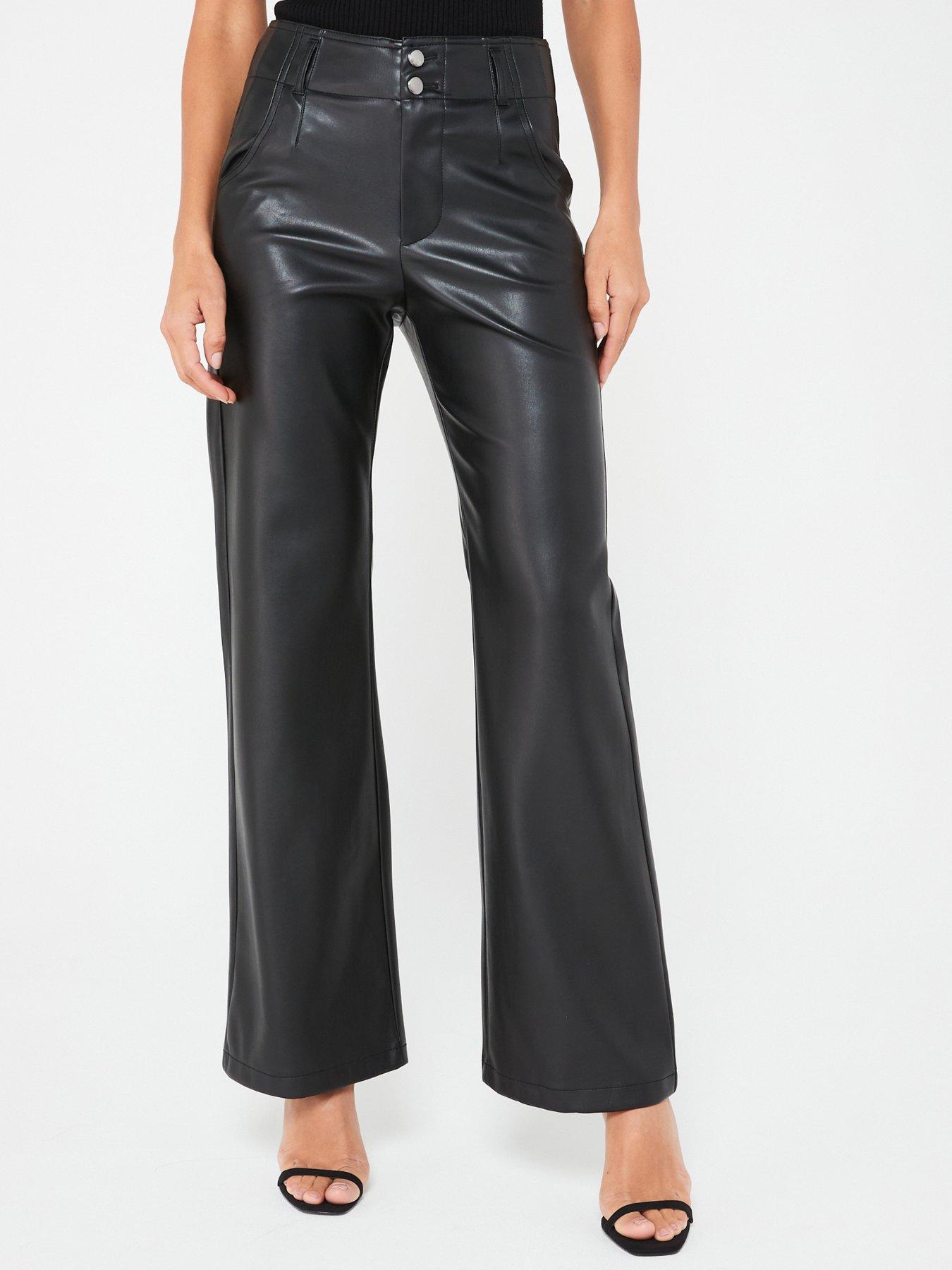 Tall Black Faux Leather V Waist Pants