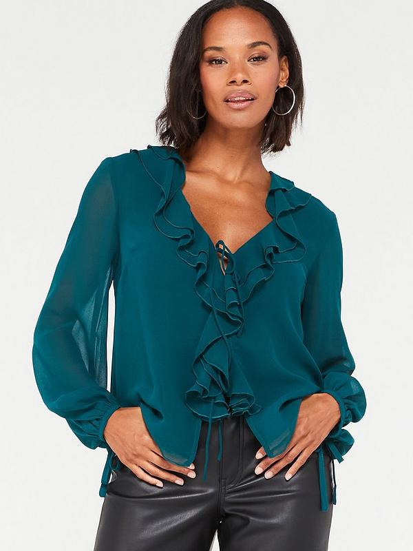V by Very Sheer Ruffle Blouse - Teal