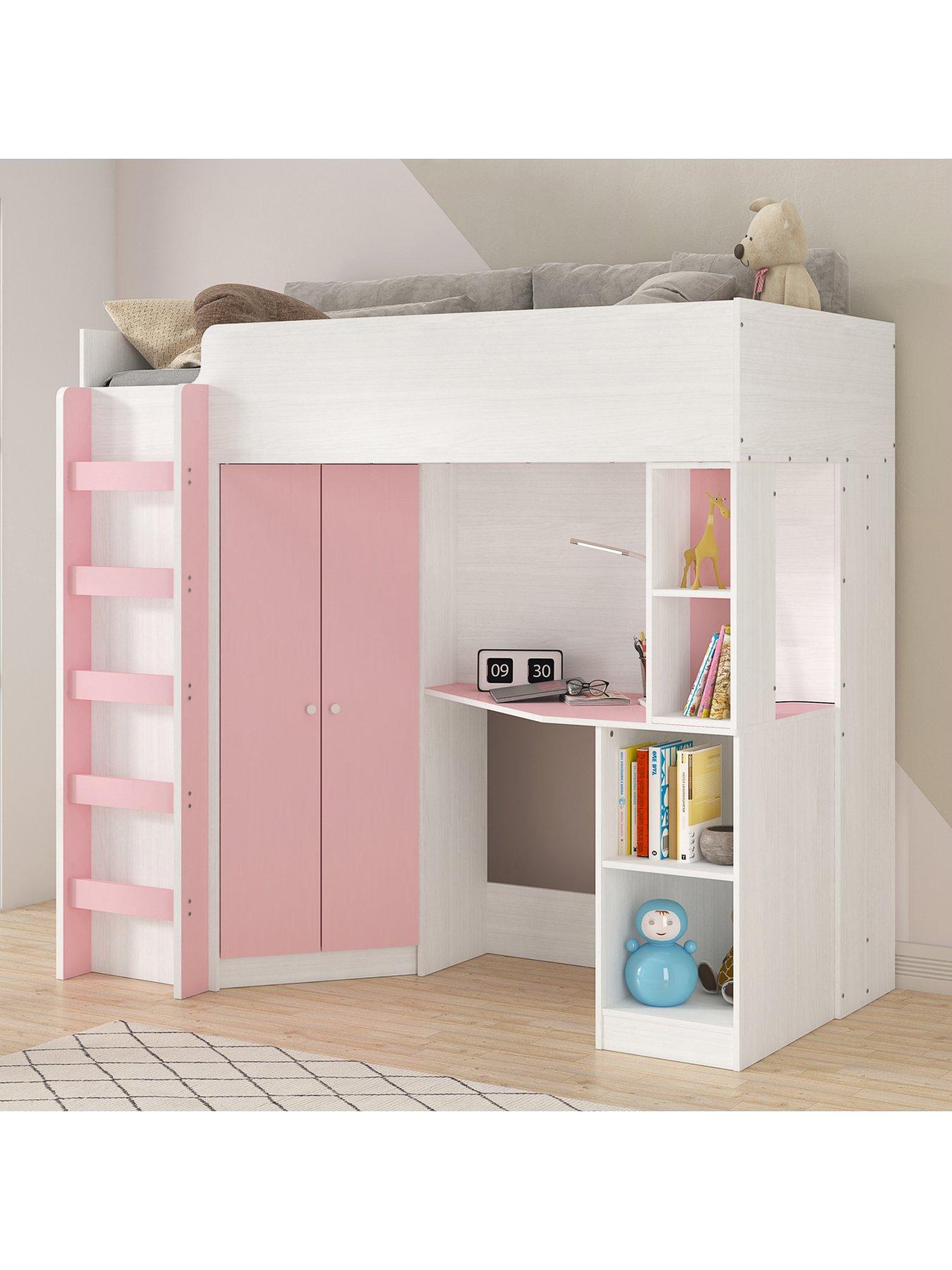 very-home-miami-fresh-high-sleeper-bed-with-desk-wardrobenbspshelves-and-mattress-options-buy-and-save-pinkstillFront