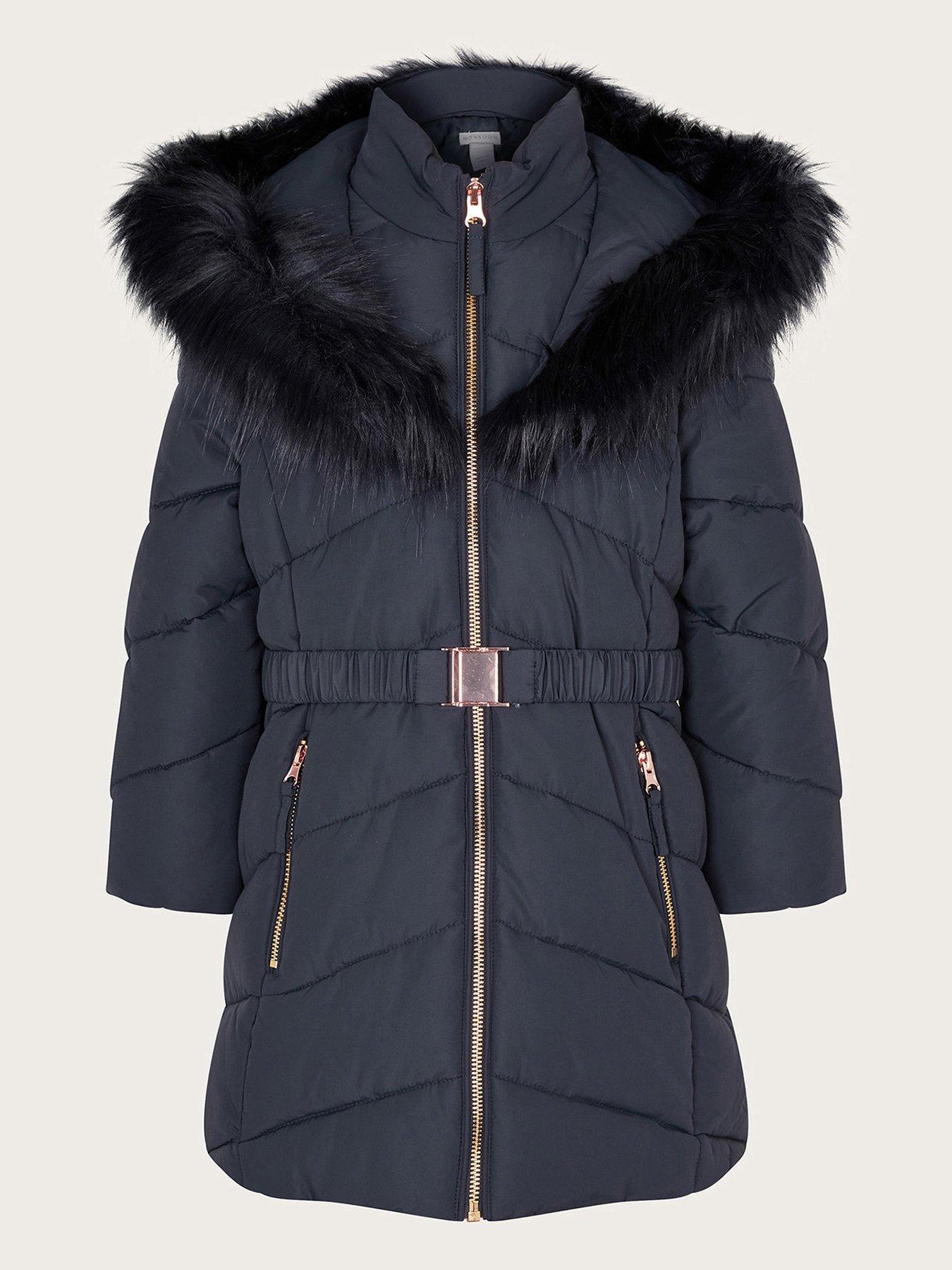 Belted coat with fur cheap hood