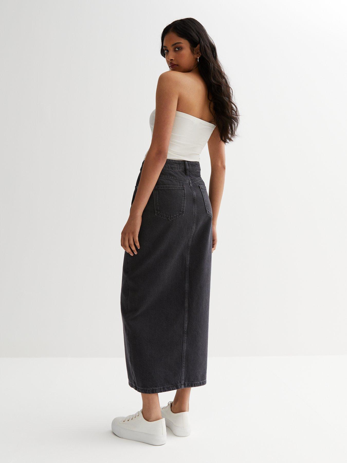 Washed black denim midi skirt clearance 152-329