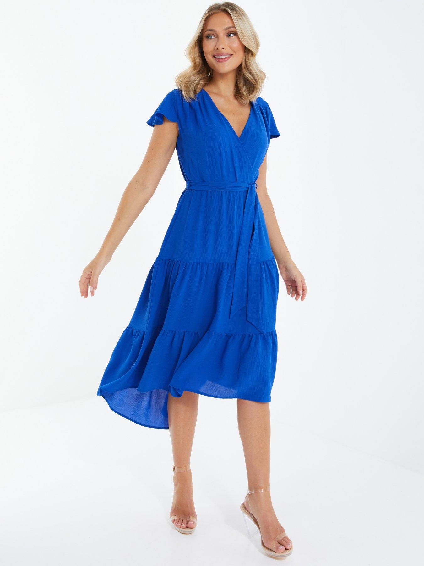 Crepe Sleeve Dip Hem Dress Blue