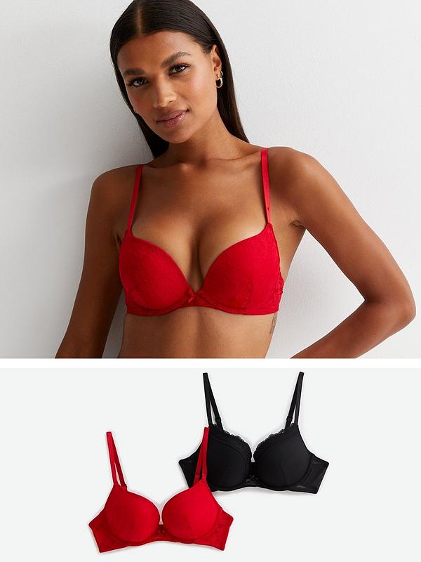 New Look 2 Pack Lace Push Up Bras - Black & Red