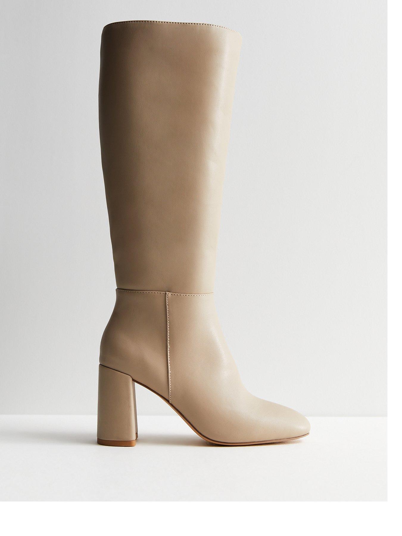 Camel Leather Look Stretch Block Heel Knee High Boots