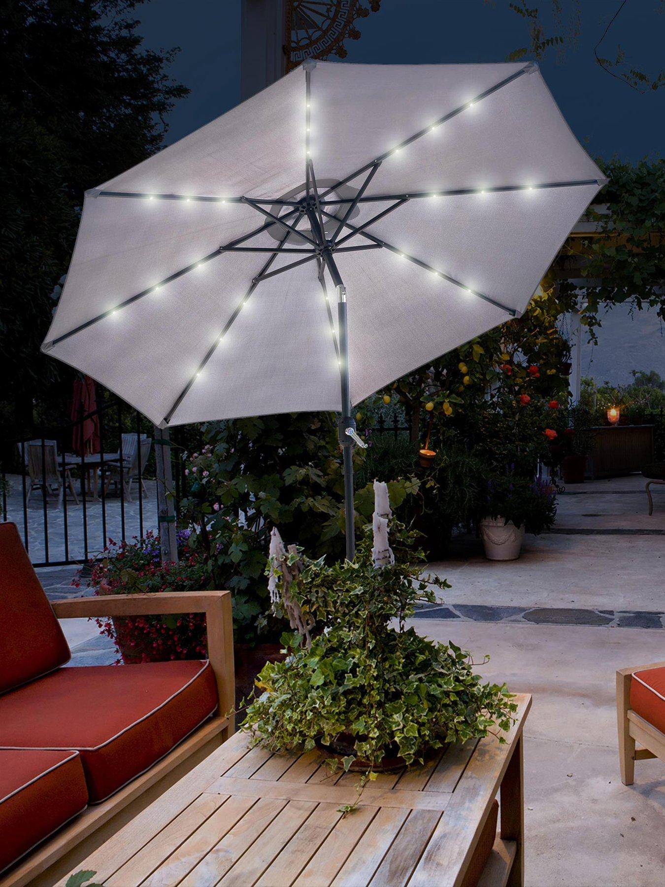 Image 1 of 6 of Glamhaus GlamHaus Solar LED Tilting Light Grey Garden Parasol Umbrella 2.7M with Crank Handle, UV40+ Protection, Includes Protection Cover - Robust Steel
