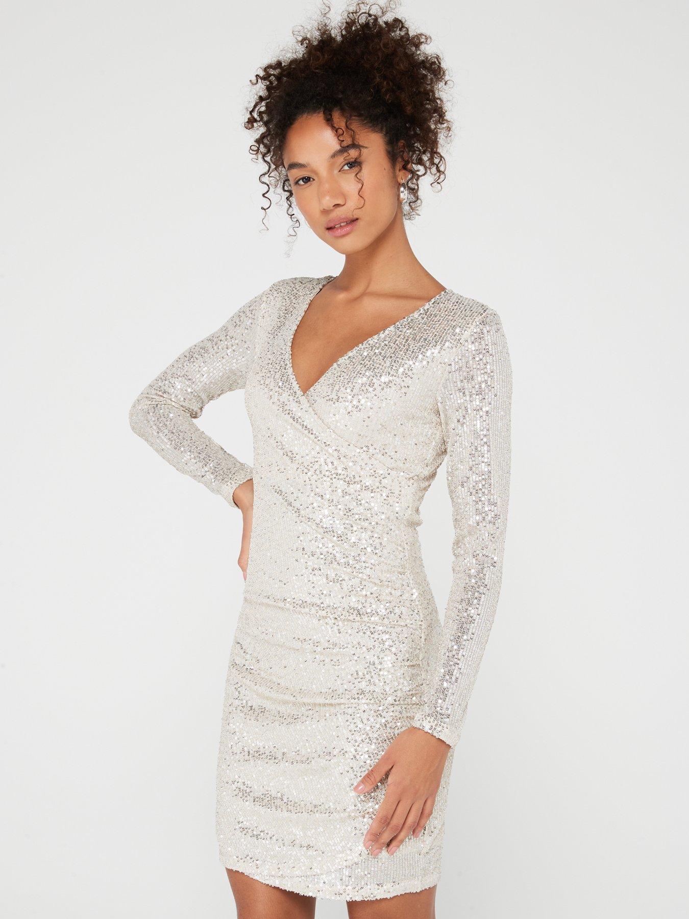 pieces-delphia-sequin-wrap-dress-neutral