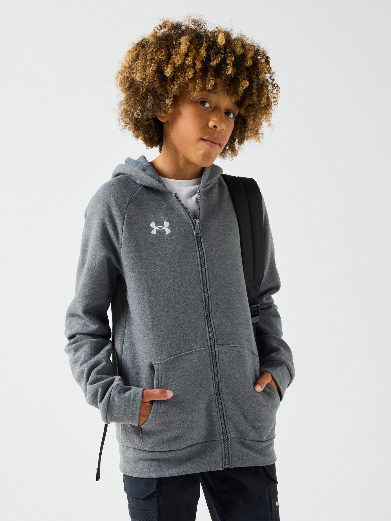 Under Armour Rival Fleece Boys' Full-Zip Hoodie Castlerock Light Heather / White YSM (50 - 54 in)