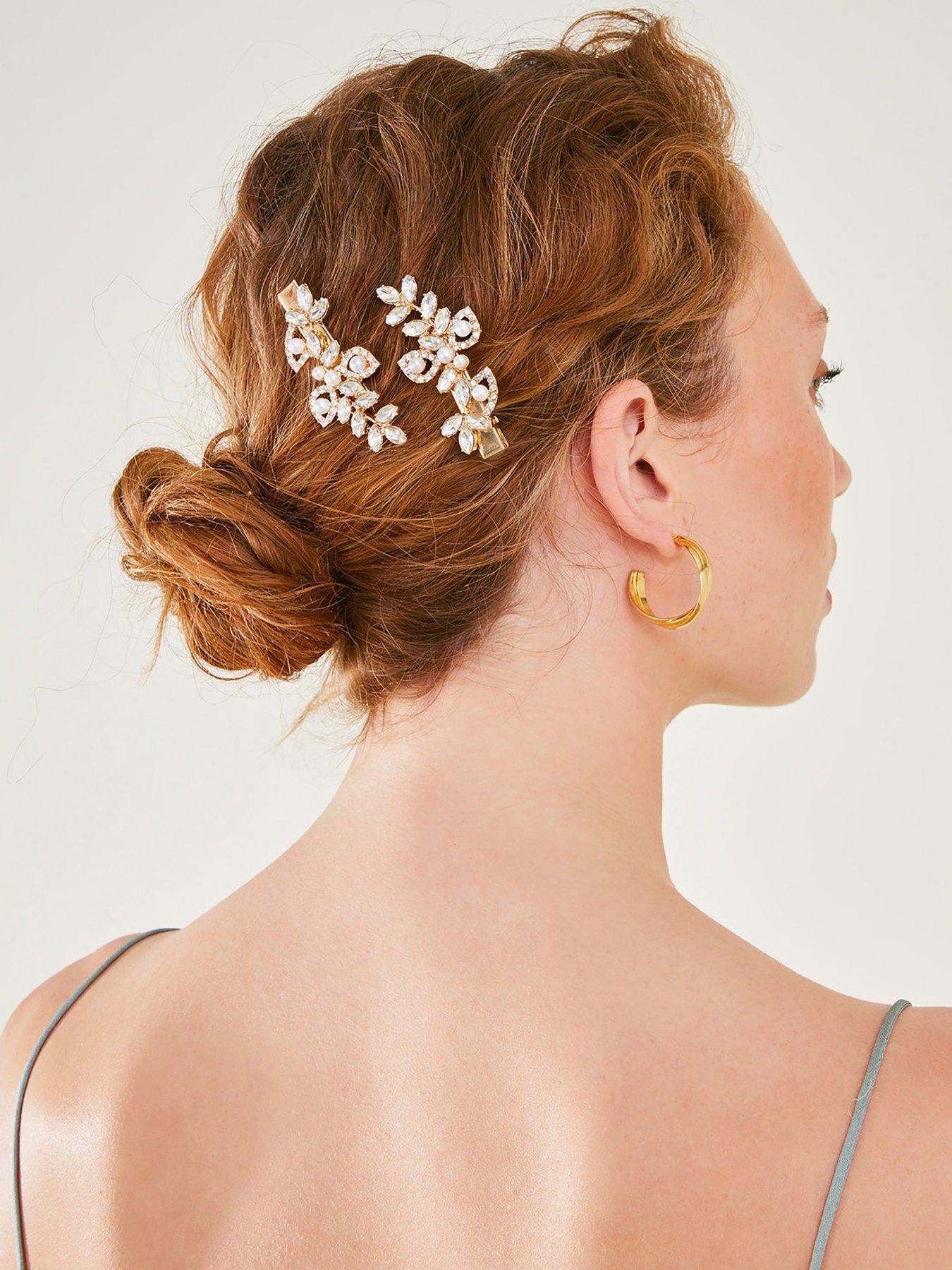 Image 2 of 3 of Accessorize 2 X Pearl &amp; Crystal Leaf Snap Clips