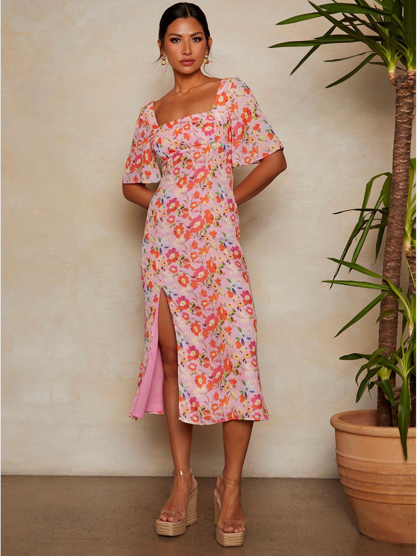 Chi Chi London Short Sleeve Square Neck Floral Midi Dress in Pink | Very  Ireland