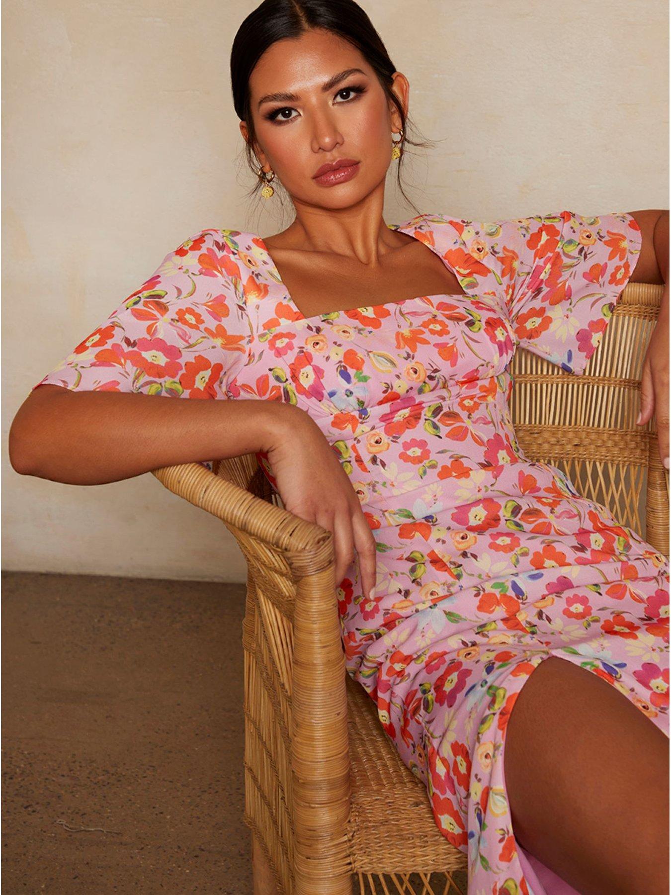 Chi Chi London Short Sleeve Square Neck Floral Midi Dress in Pink | Very  Ireland
