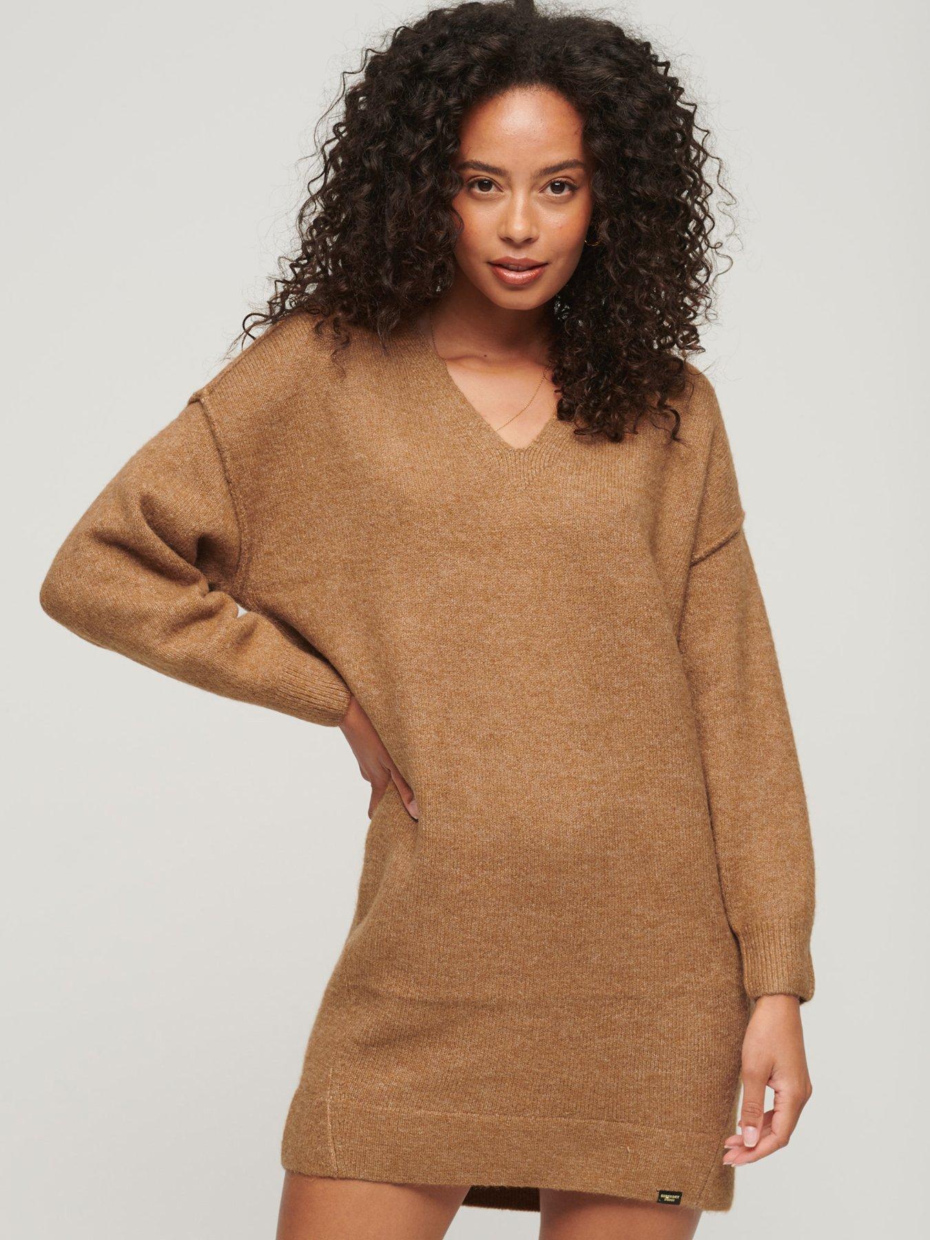 Superdry V Neck Knit Jumper Dress - Grey