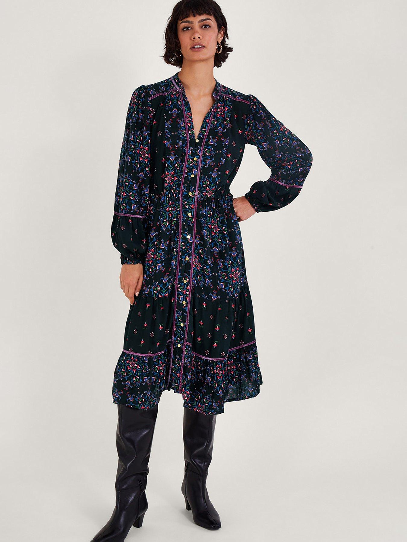 Image 1 of 5 of Monsoon Velvet Trim Dress - Black