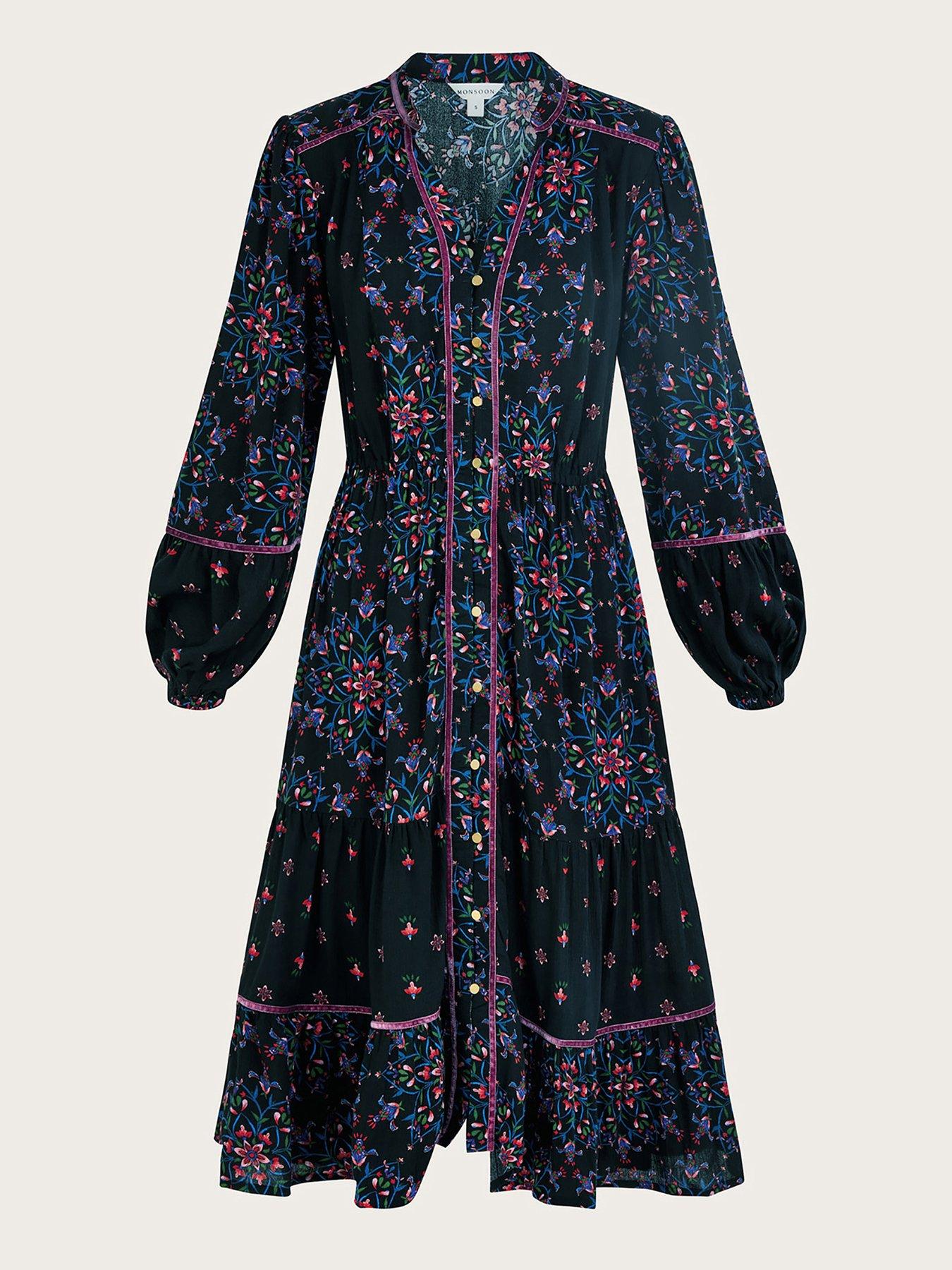 Image 3 of 5 of Monsoon Velvet Trim Dress - Black