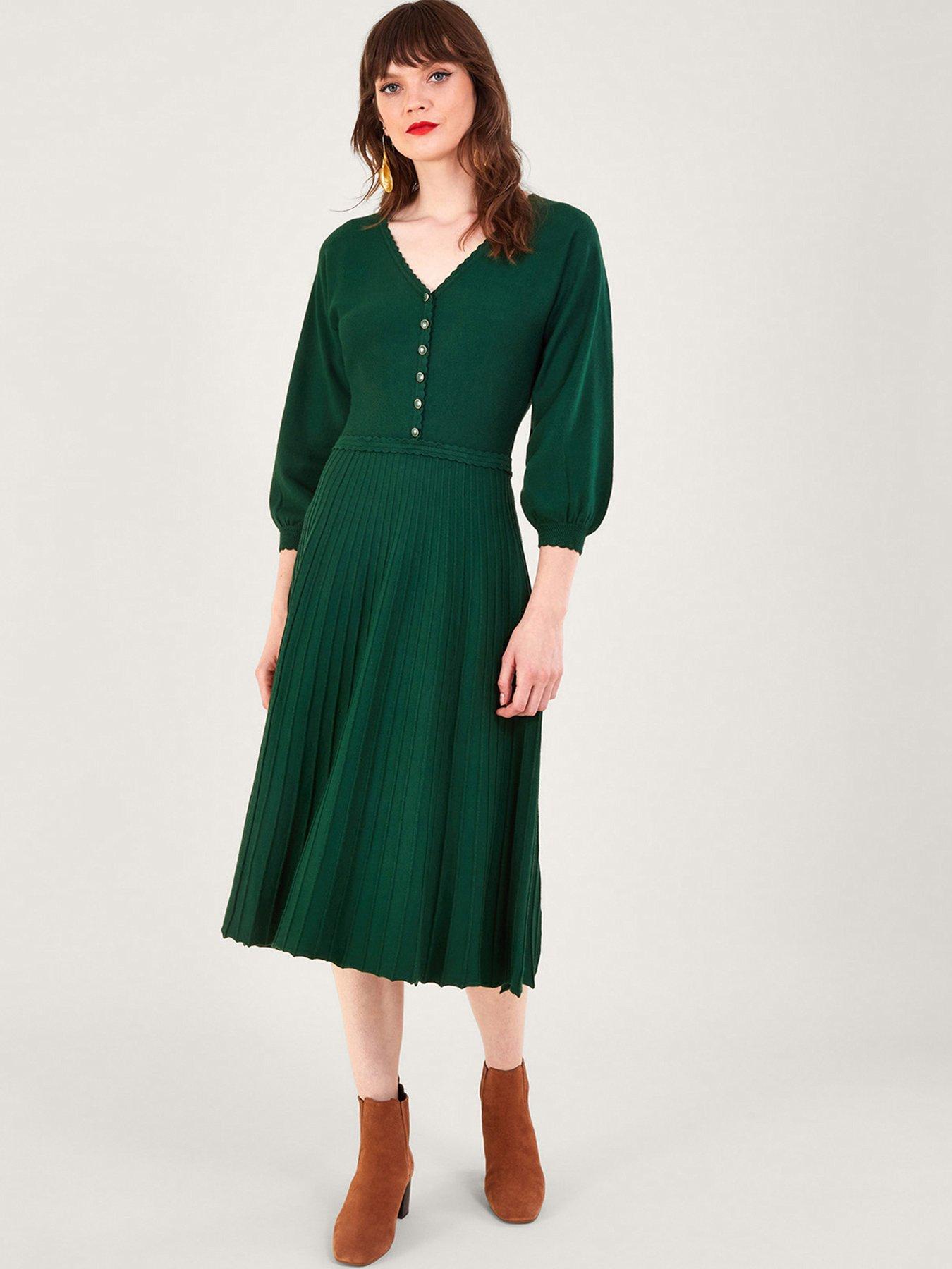 Image 1 of 5 of Monsoon V Neck Midi Dress - Green