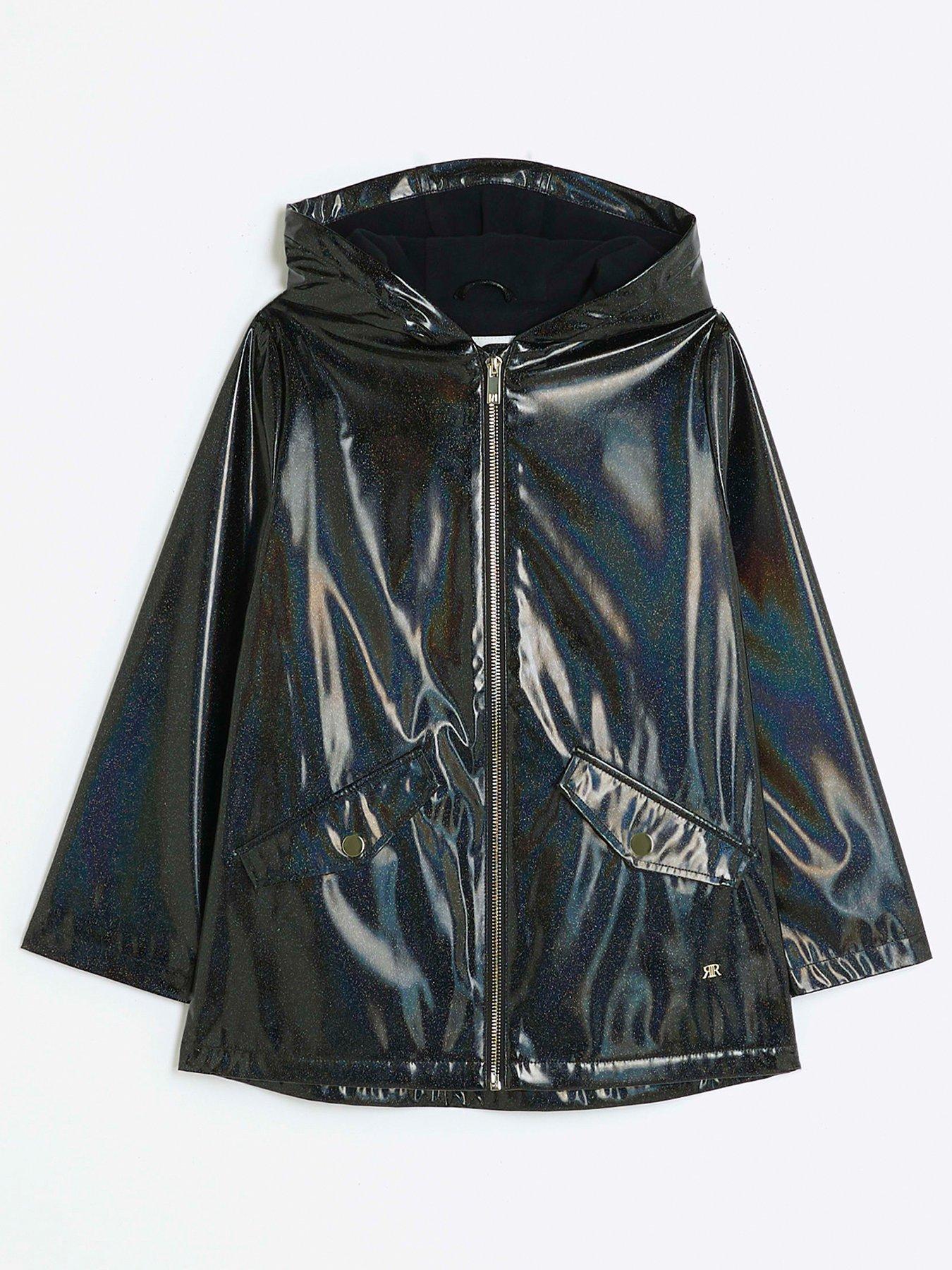 River Island Girls Glitter Hooded Raincoat - Black