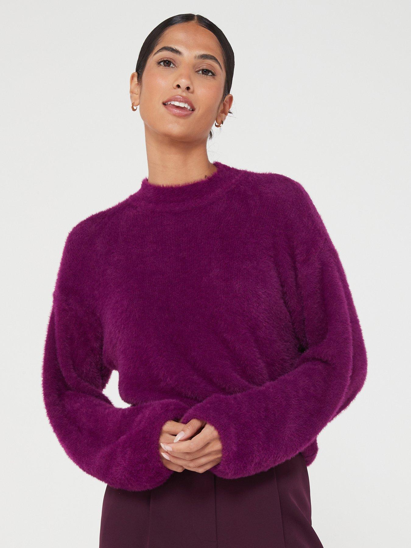 High Neck Fluffy Cropped Jumper Purple