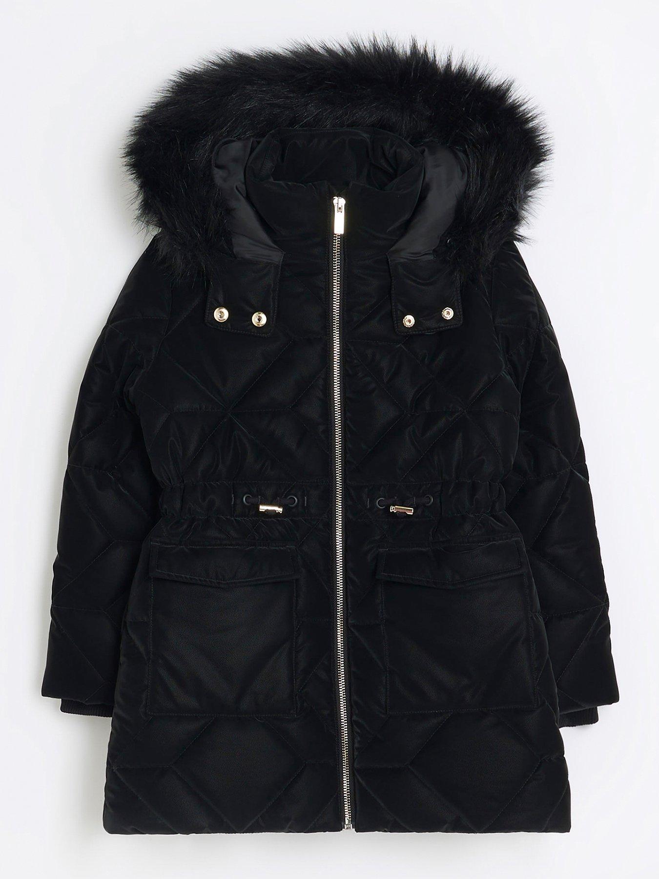 River Island Girls Hooded Velvet Look Padded Coat Black Very