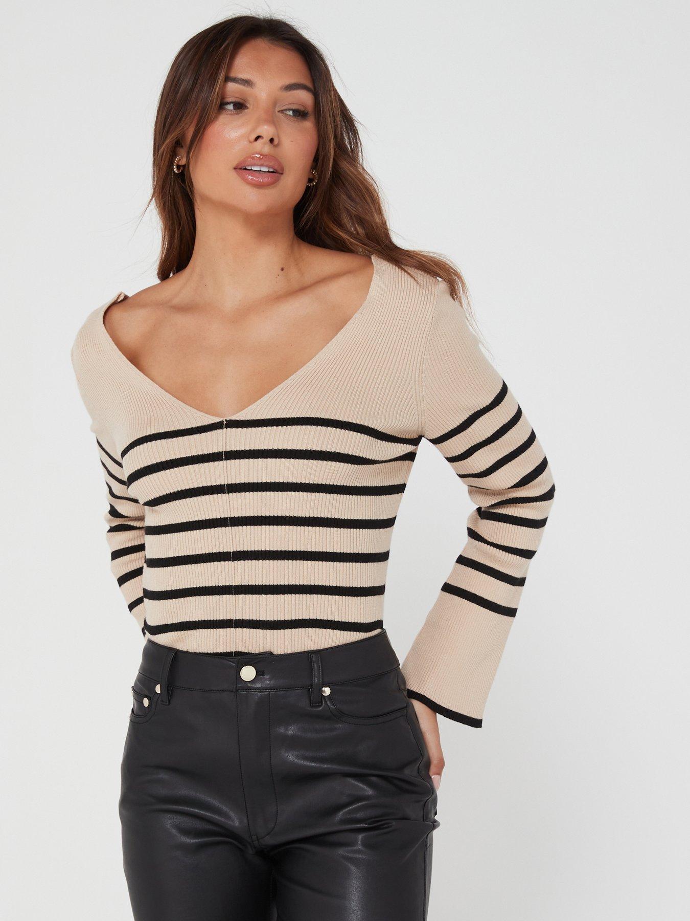 V by Very Crew Neck Stripe Cropped Knitted Jumper - Navy and Ivory