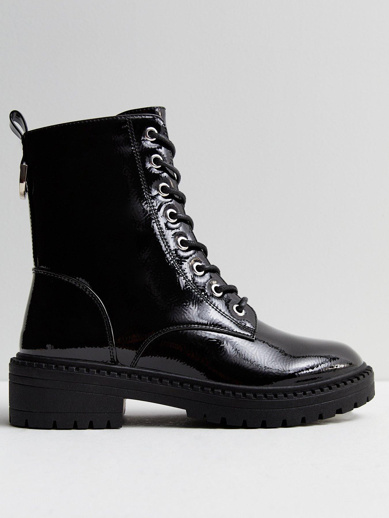 Black patent lace store up boots womens