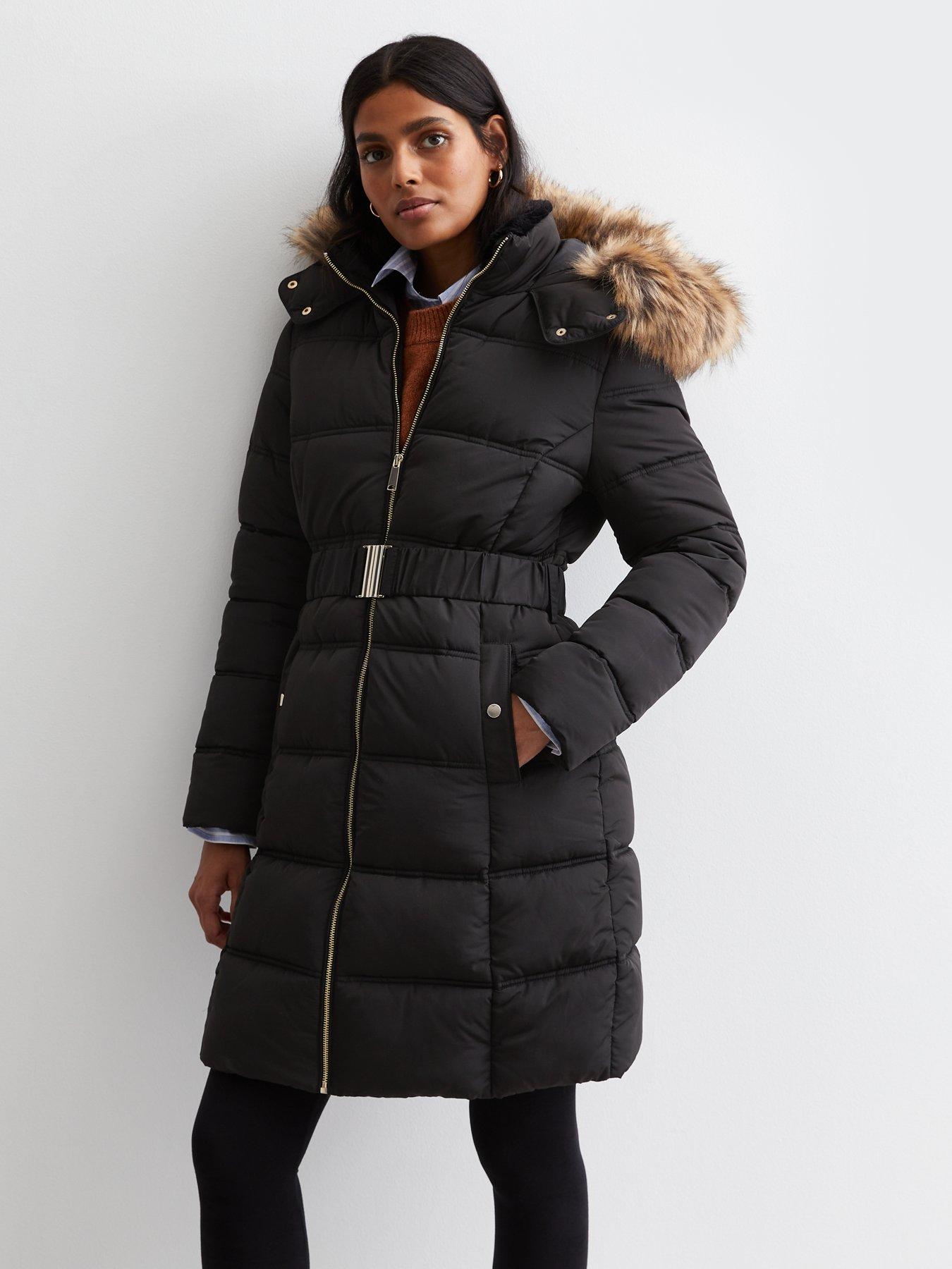 Fur hood belted store puffer coat