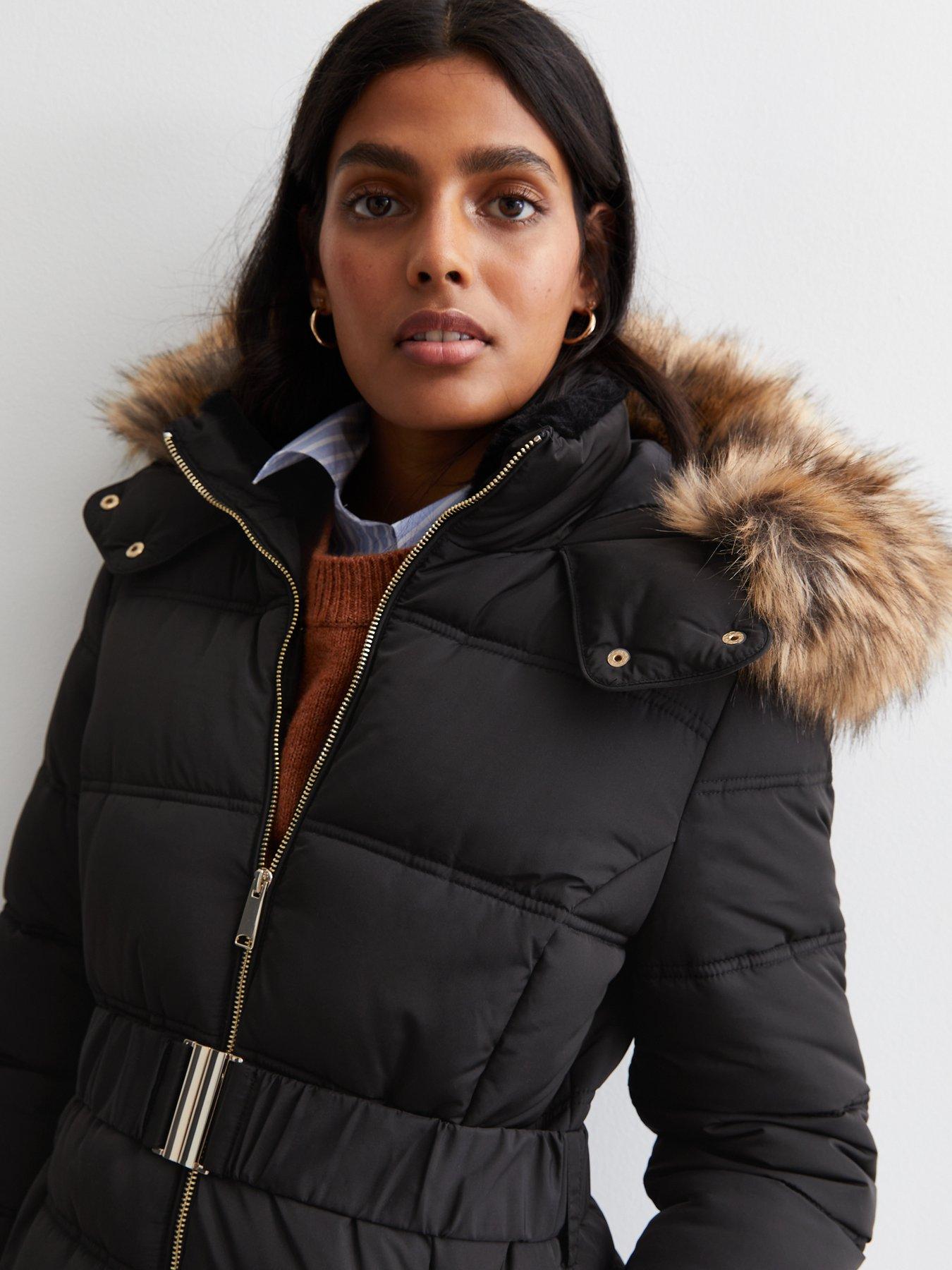 New Look Black Faux Fur Hood Belted Puffer Coat