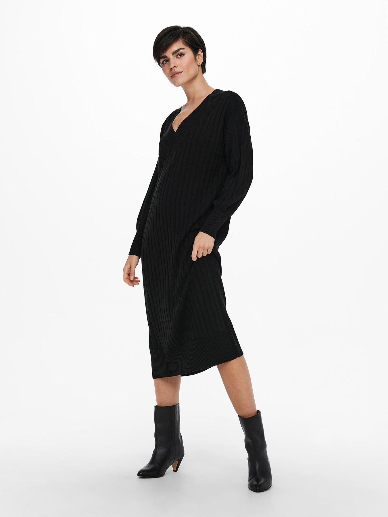 only-tessa-v-neck-knitted-midi-dress-blackback