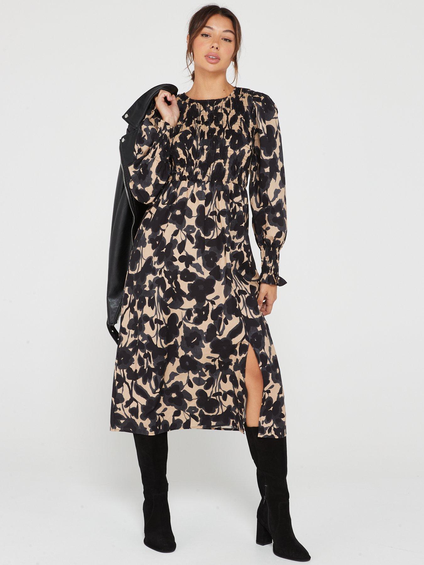 only-jada-long-sleeve-midi-smock-print-dress-brown