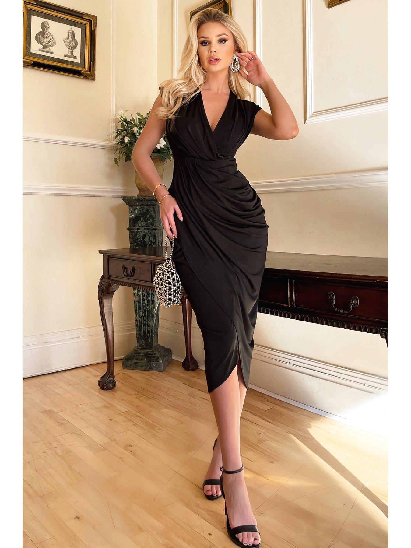 Black Wrap Draped Midi Dress