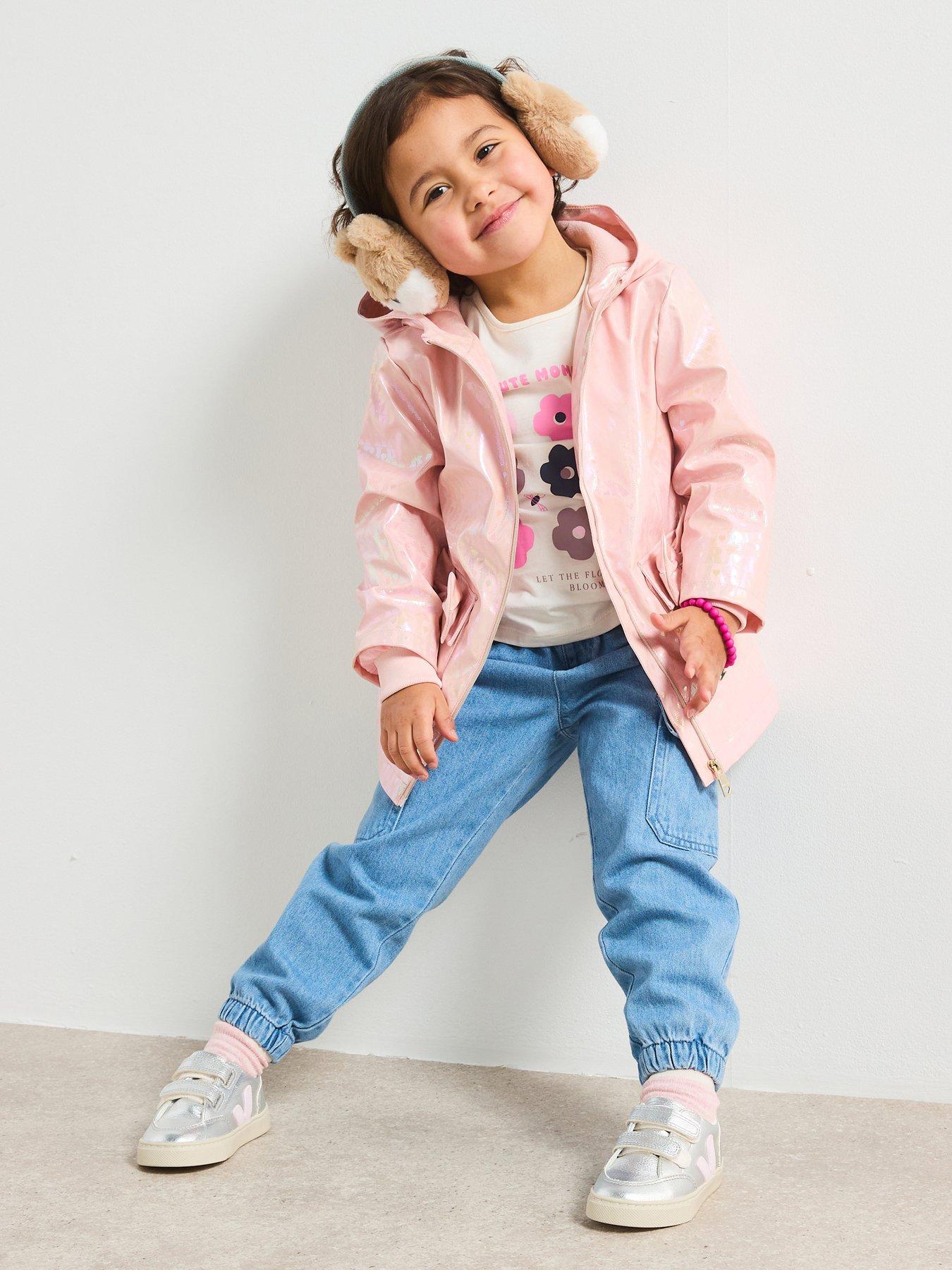 Image 1 of 5 of River Island Mini Mini Girls Glitter Hooded Raincoat - Pink