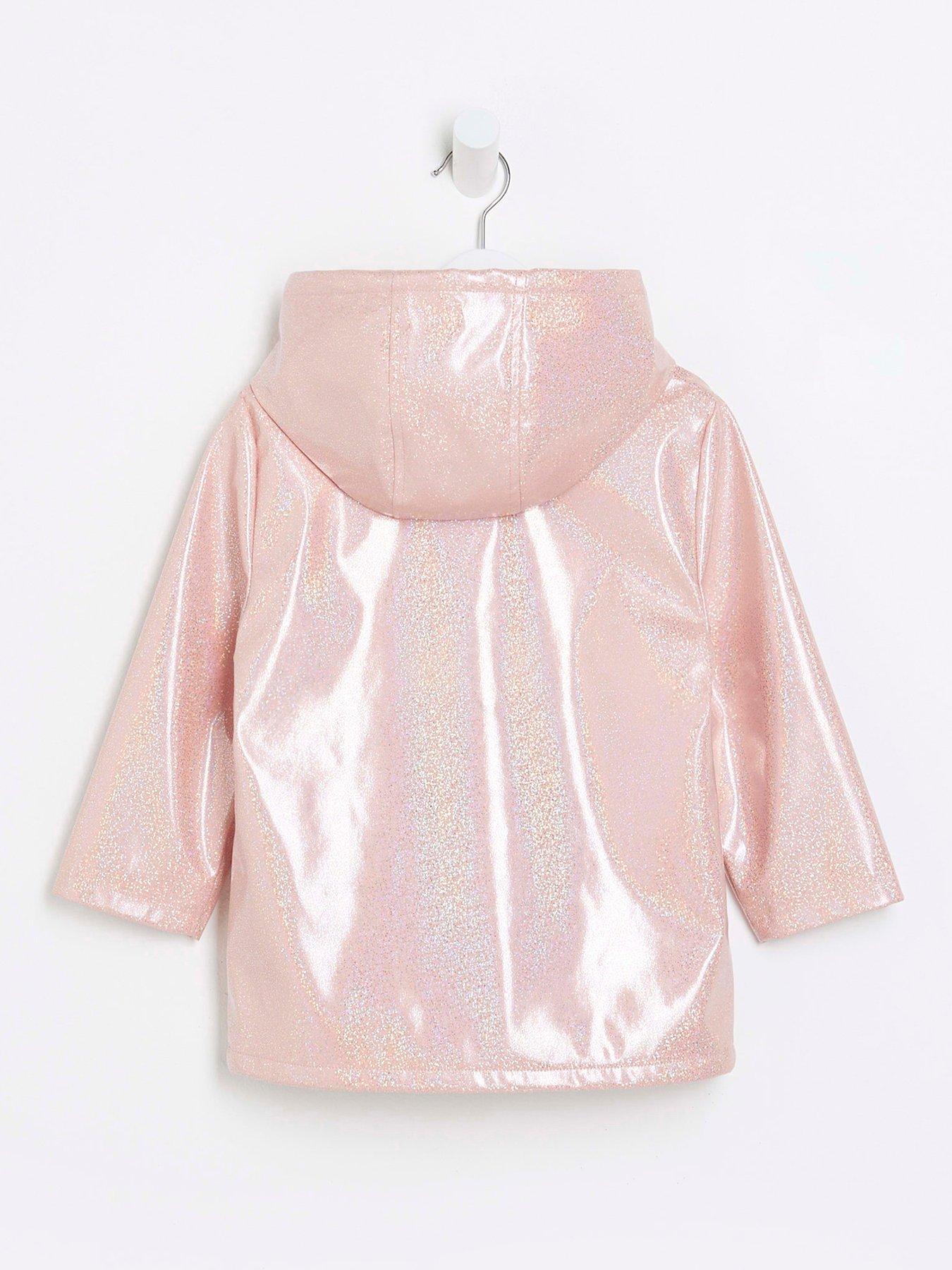 Image 2 of 5 of River Island Mini Mini Girls Glitter Hooded Raincoat - Pink