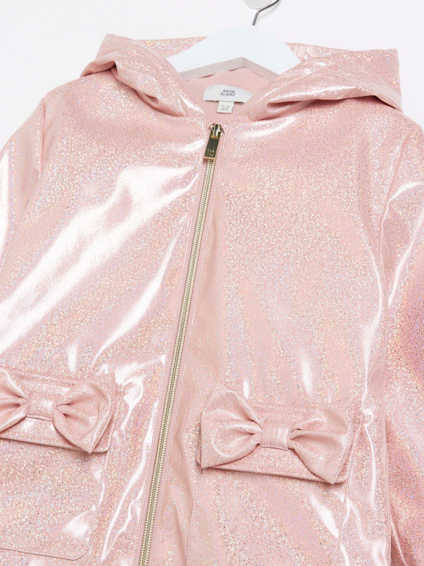 Image 4 of 5 of River Island Mini Mini Girls Glitter Hooded Raincoat - Pink